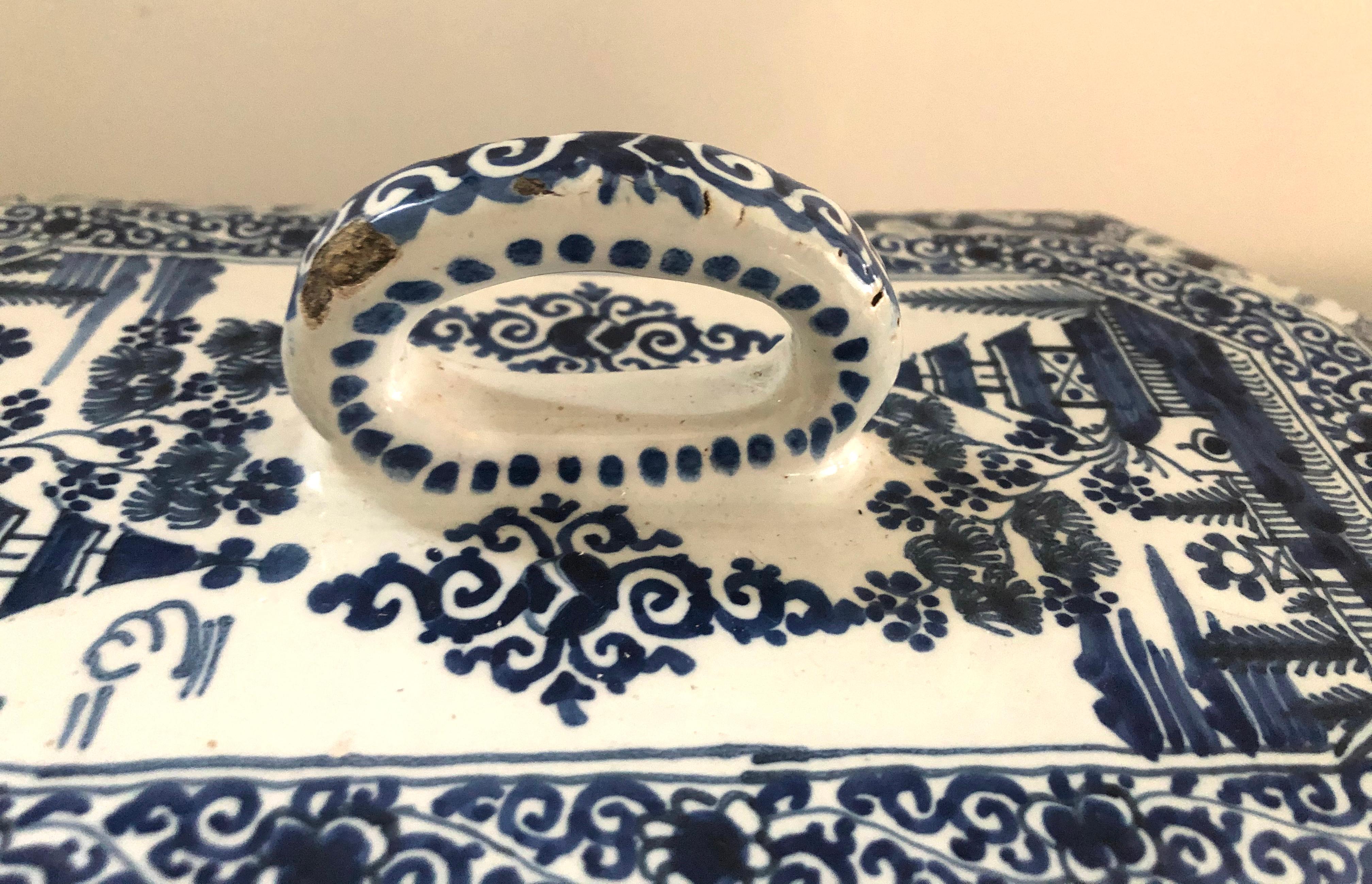Earthenware Large 18th Century Blue and White Delft Pottery Box with Pewter