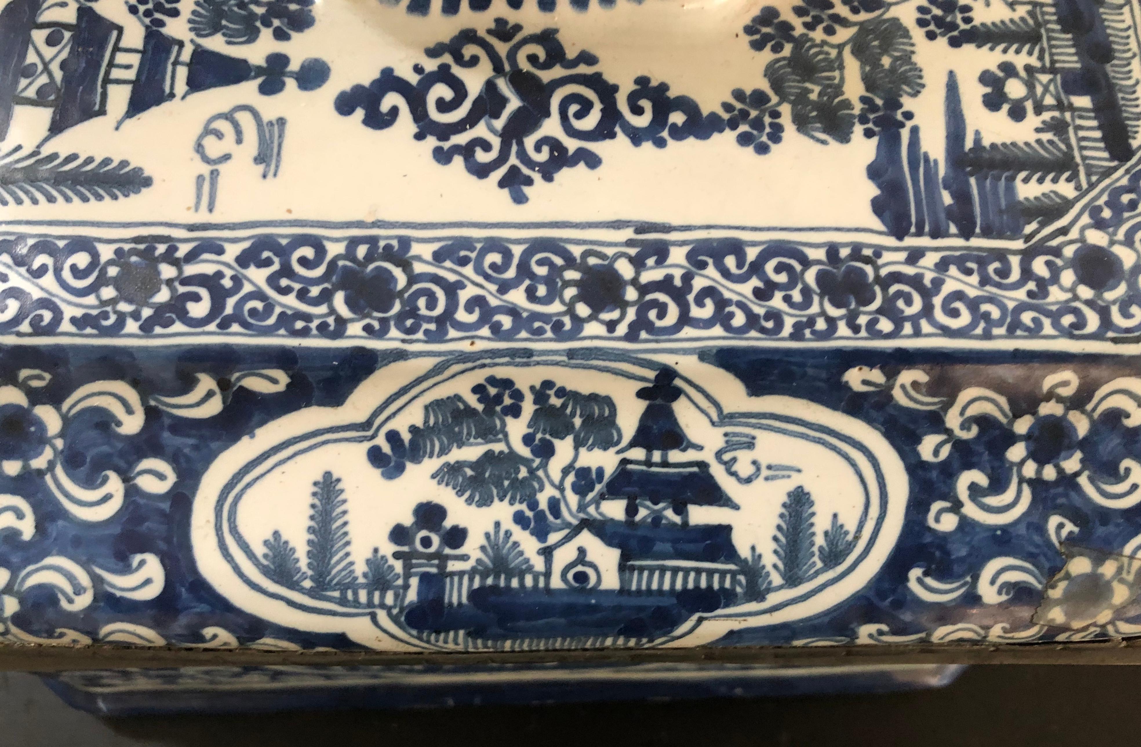 Large 18th Century Blue and White Delft Pottery Box with Pewter 1