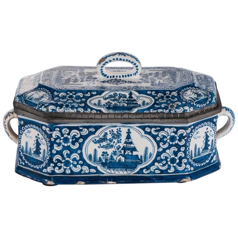 Large 18th Century Blue and White Delft Pottery Box with Pewter at 1stDibs