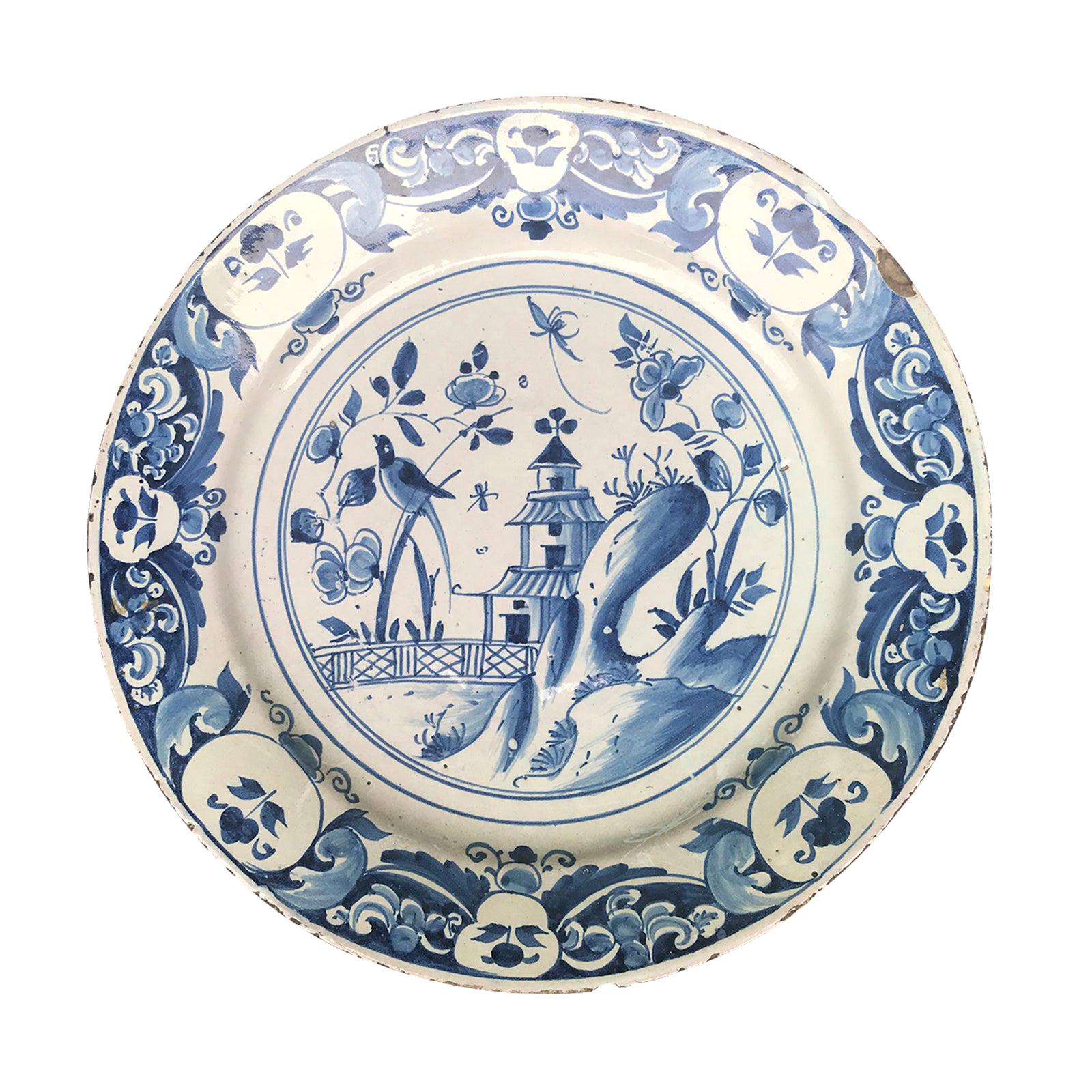 Large 18th Century Blue and White Porcelain Charger