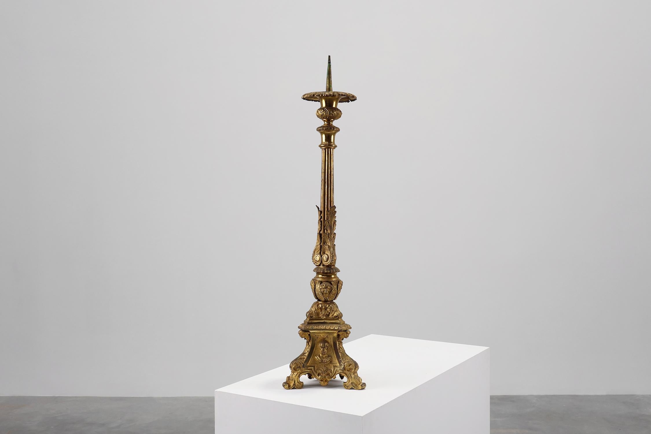 France / 1900 / Large church Candle stick / Bronze, Copper / Antique / Mid-century

Large copper and bronze church or alter candlestick with decorated tripod base, resting on three curled feet. This 18th century candle was cast in parts. The base
