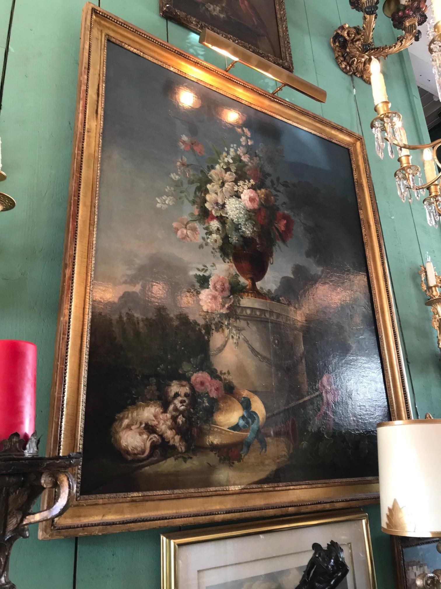 Large 18th C. Bucolic Painting Garden Nature Scene Landscape Dog Flowers Antique In Good Condition For Sale In West Hollywood, CA