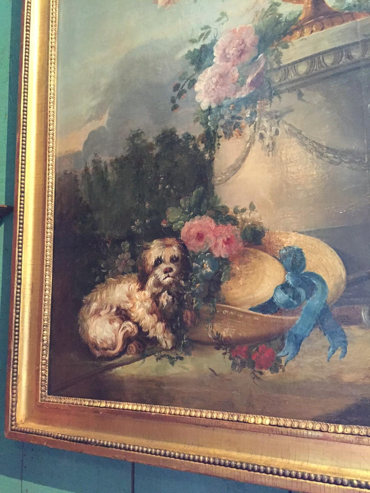 Grande peinture bucolique du 18ème siècle - Scène de jardin - Paysage - Fleurs de chien en vente 6