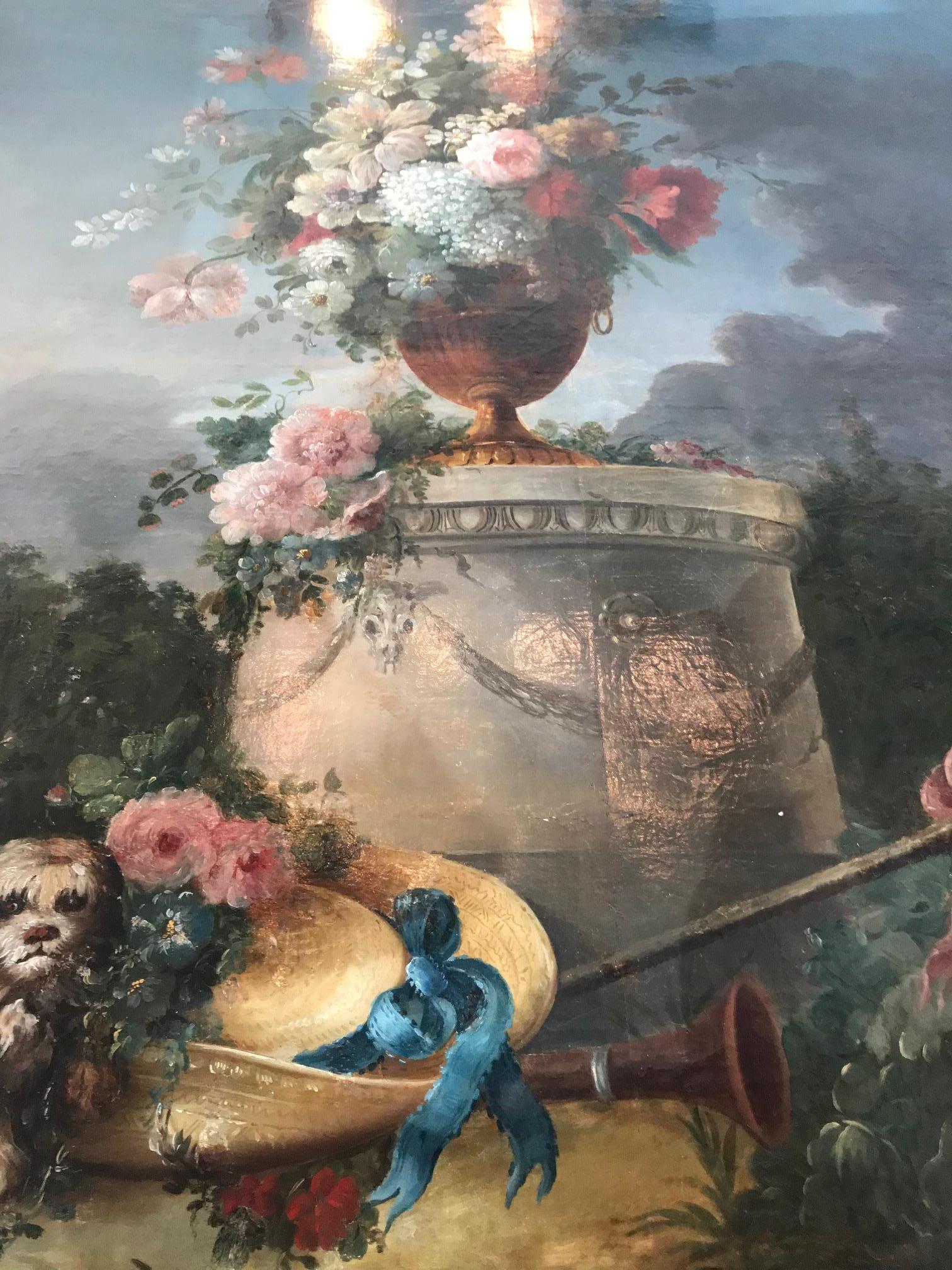 Large 18th C. Bucolic Painting Garden Nature Scene Landscape Dog Flowers Antique For Sale 7