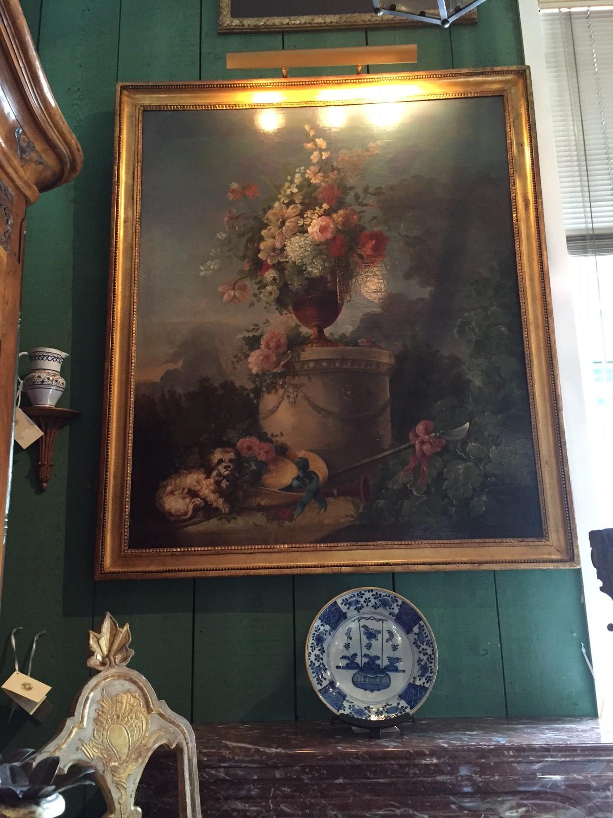 Grande peinture bucolique du 18ème siècle - Scène de jardin - Paysage - Fleurs de chien en vente 8