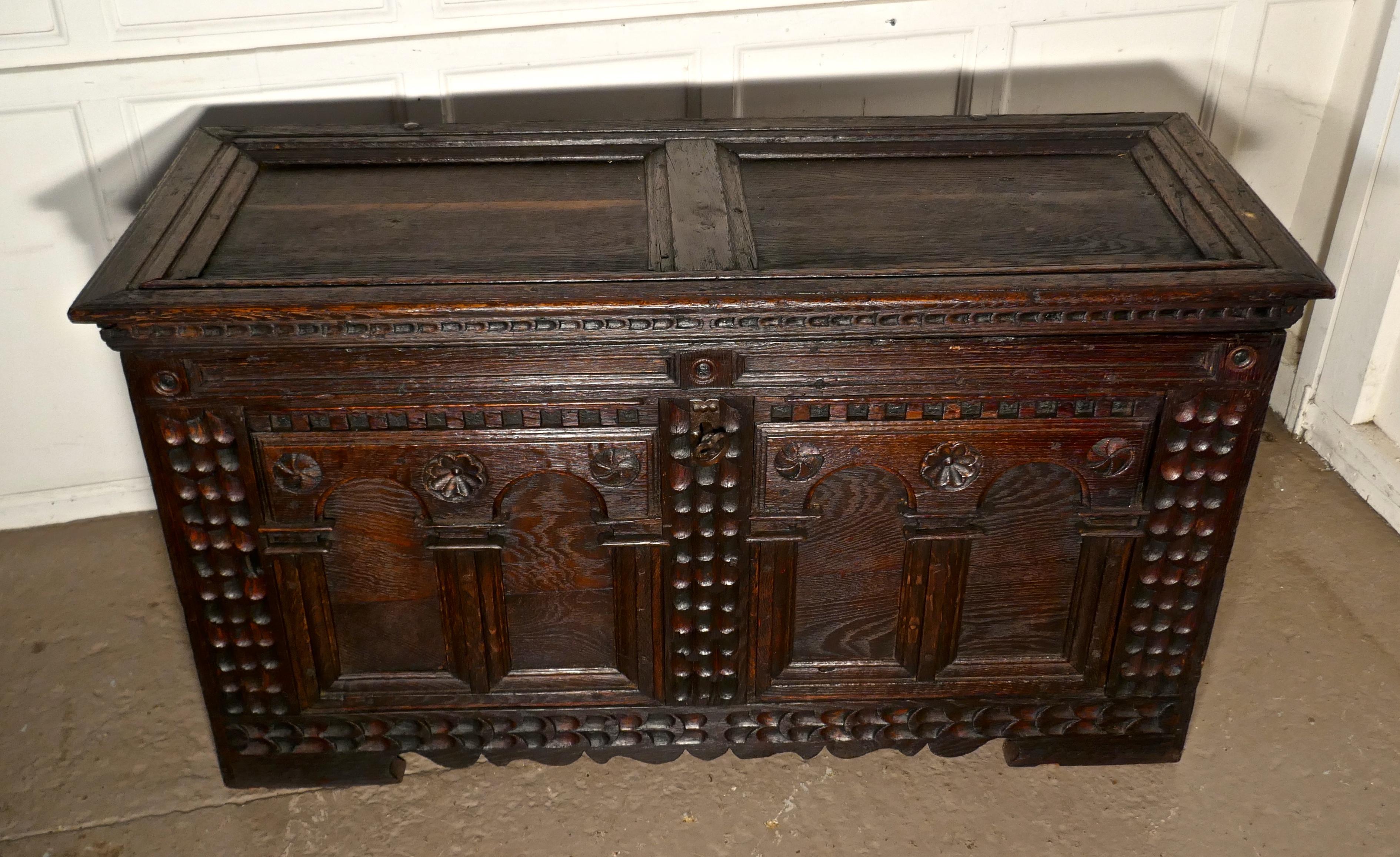 Large 18th century carved oak cassone, marriage chest or carved coffer

This is a lovely old piece, and is in remarkably good condition for its age, the coffer comes from either Spain or the South of France
The cassone has carved arched panels