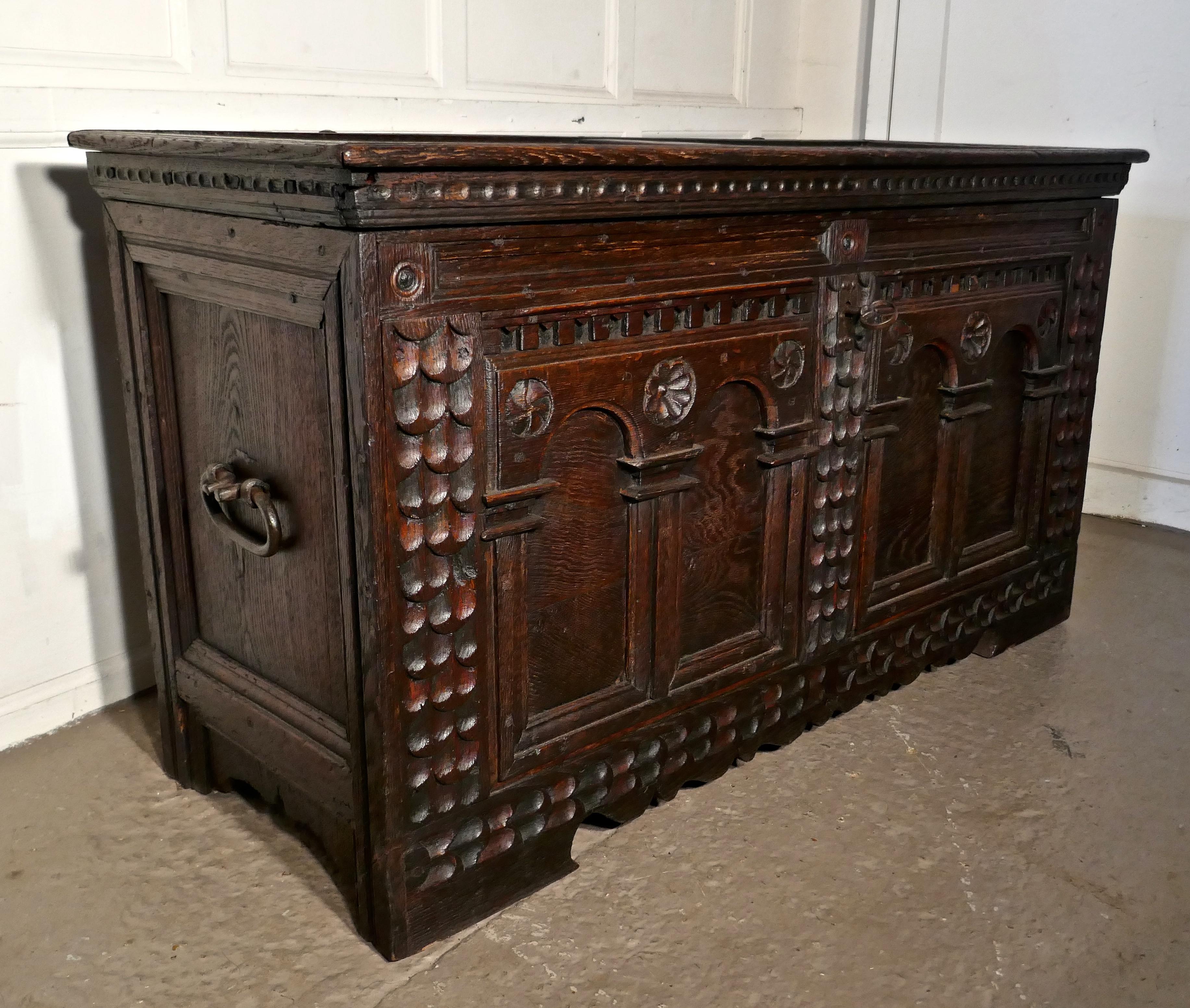 Gothic Large 18th Century Carved Oak Cassone, Marriage Chest or Carved Coffer