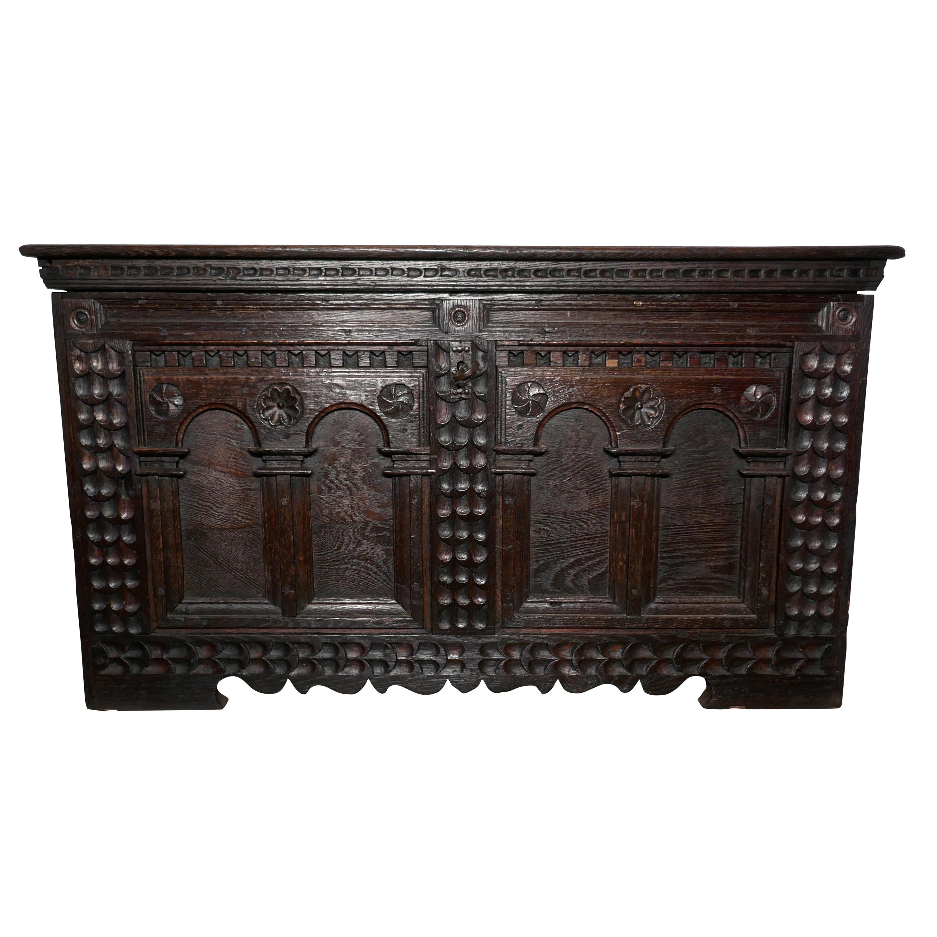 Large 18th Century Carved Oak Cassone, Marriage Chest or Carved Coffer