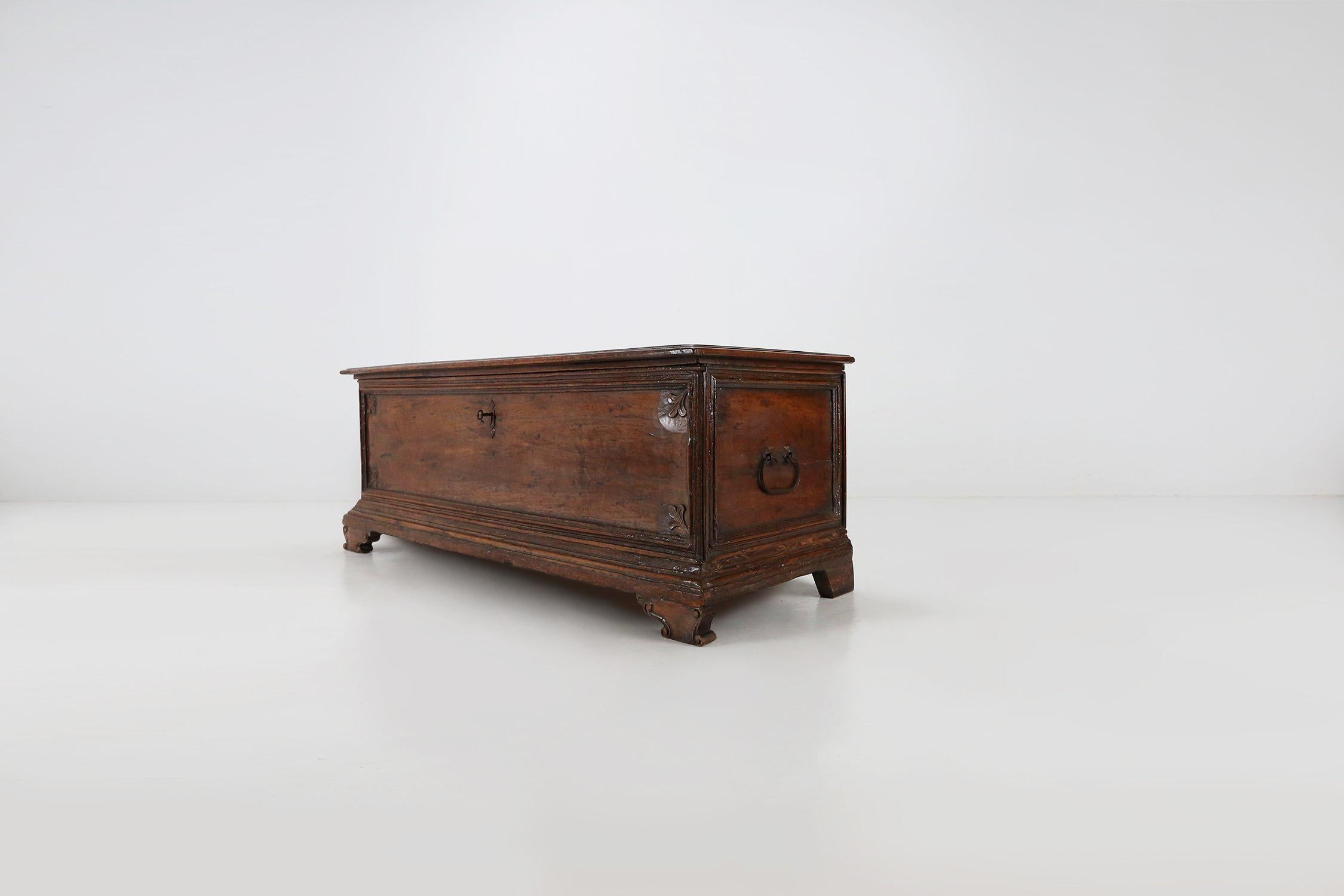 Hand-Carved Large 18th Century carved oak chest linen trunk, France