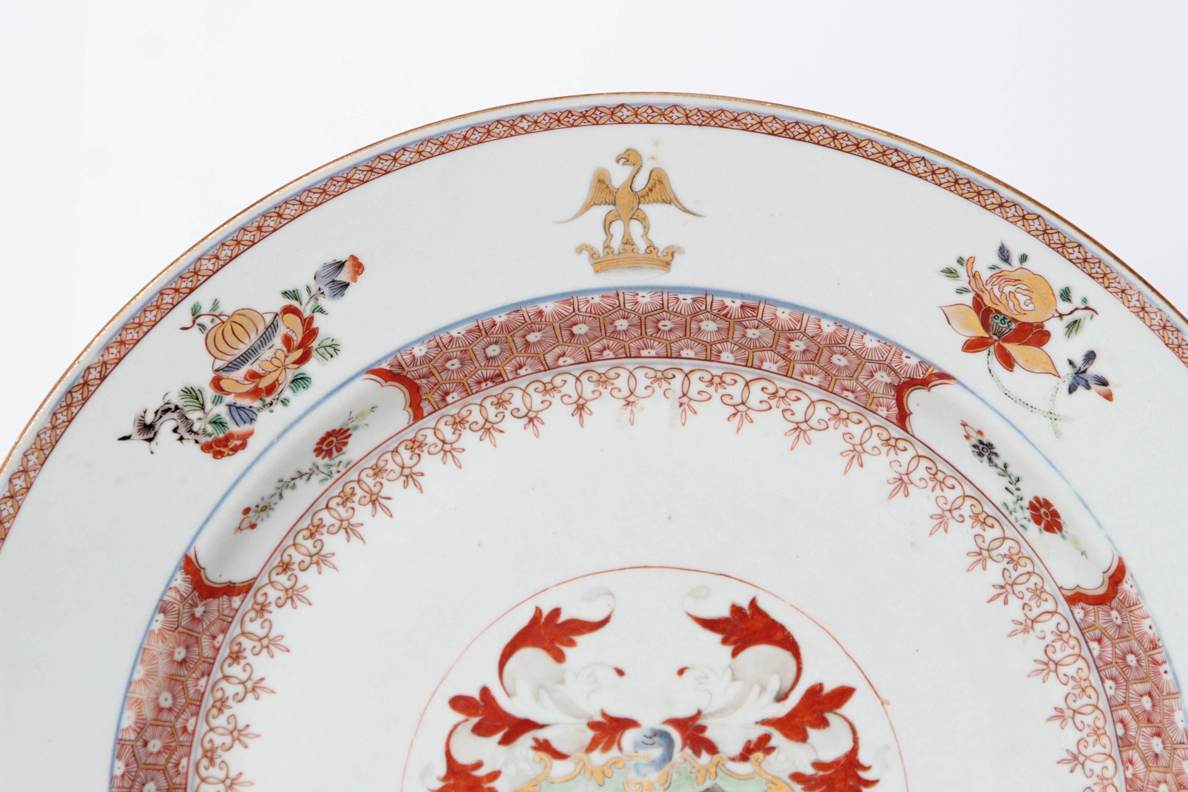 Hand-Painted Large 18th Century Chinese Export Armorial Charger For Sale