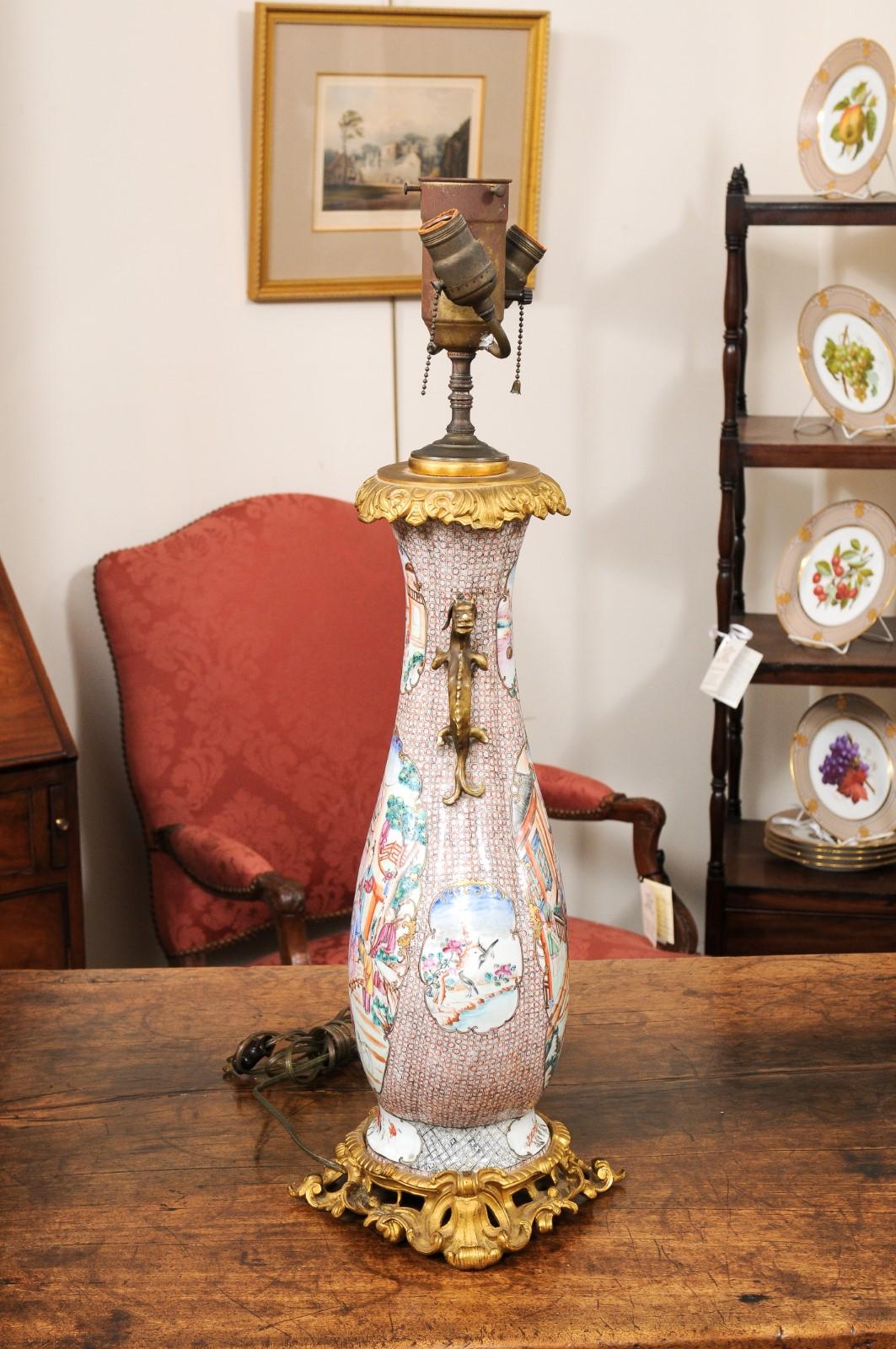  Large 18th Century Chinese Export Mandarin Bronze Mounted Vase, wired as a Lamp For Sale 11