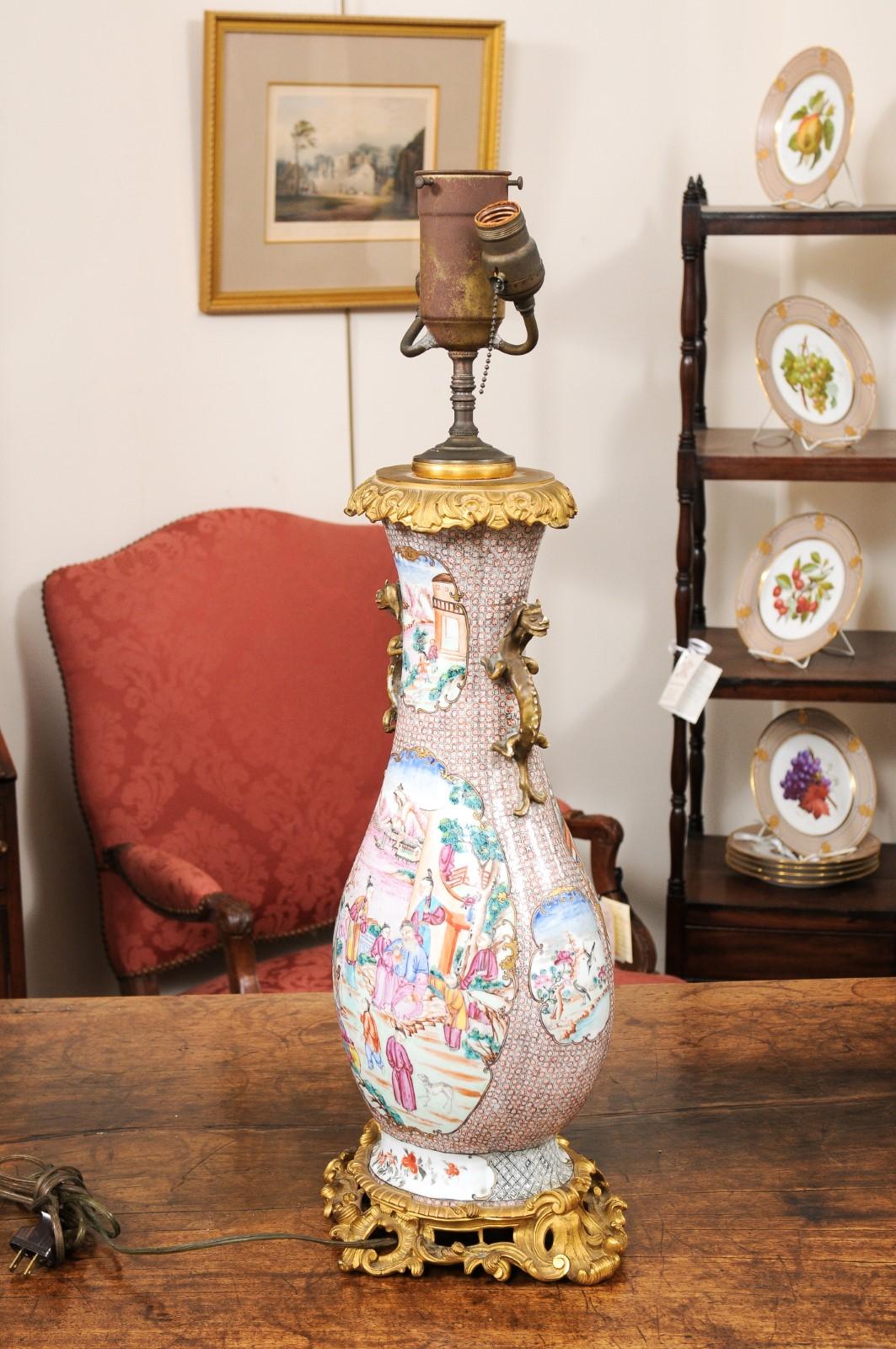18th Century and Earlier  Large 18th Century Chinese Export Mandarin Bronze Mounted Vase, wired as a Lamp For Sale