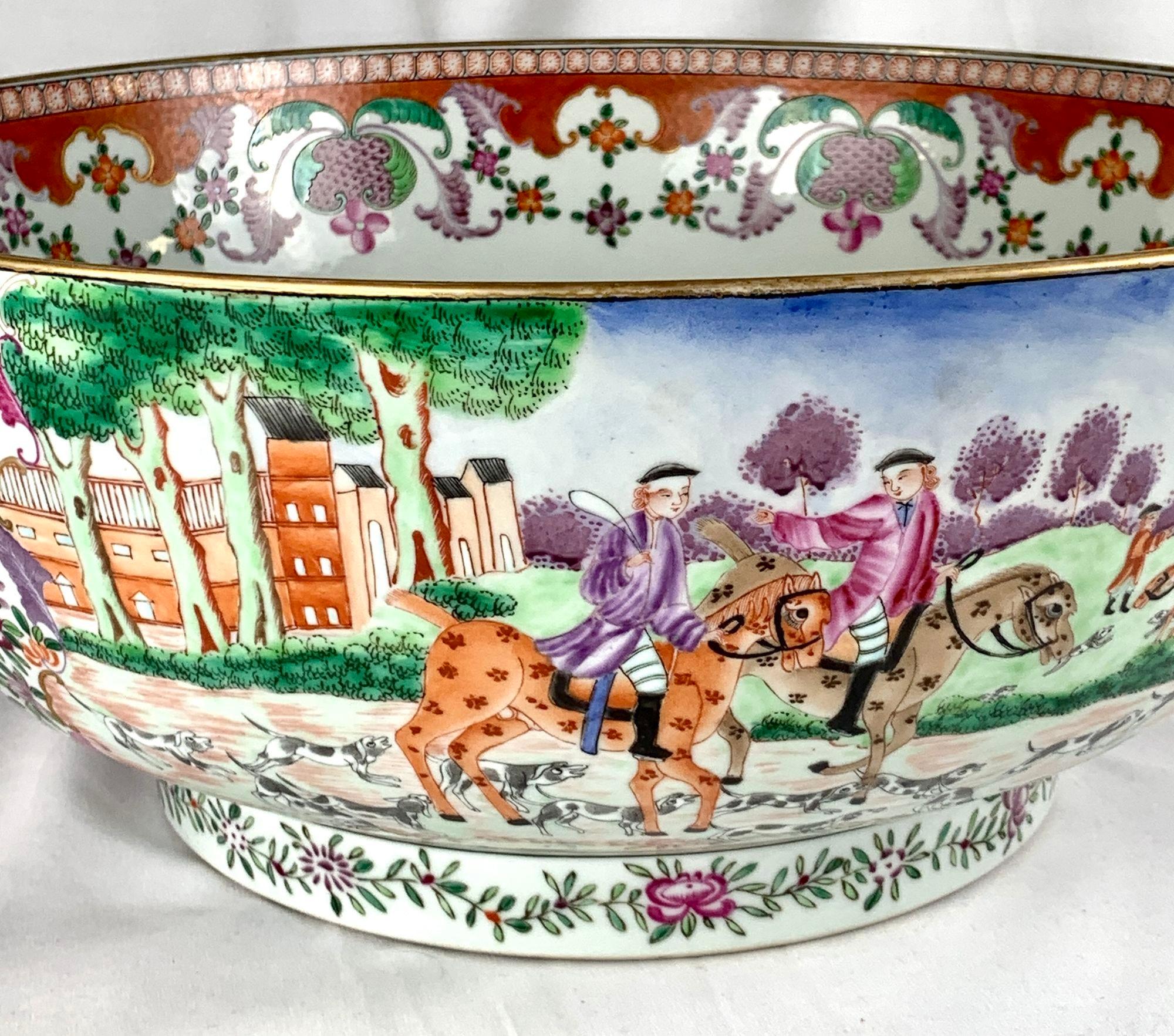 Large 18th Century Chinese Porcelain Punch Bowl, Hunt Bowl Made Circa 1770 2
