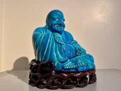 Large 18th Century Chinese Porcelain Turquoise Blue Glazed Budai Buddha