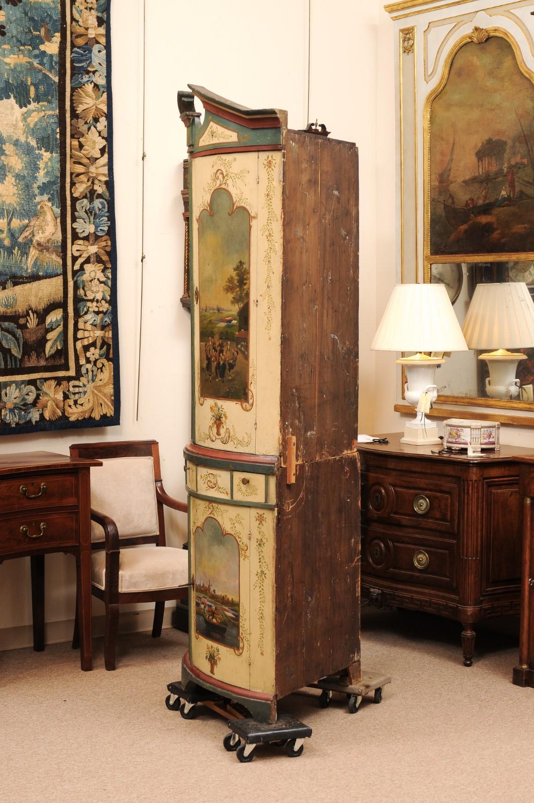Large 18th Century Continental Painted Corner Cupboard with Bowfront & Painted S For Sale 7