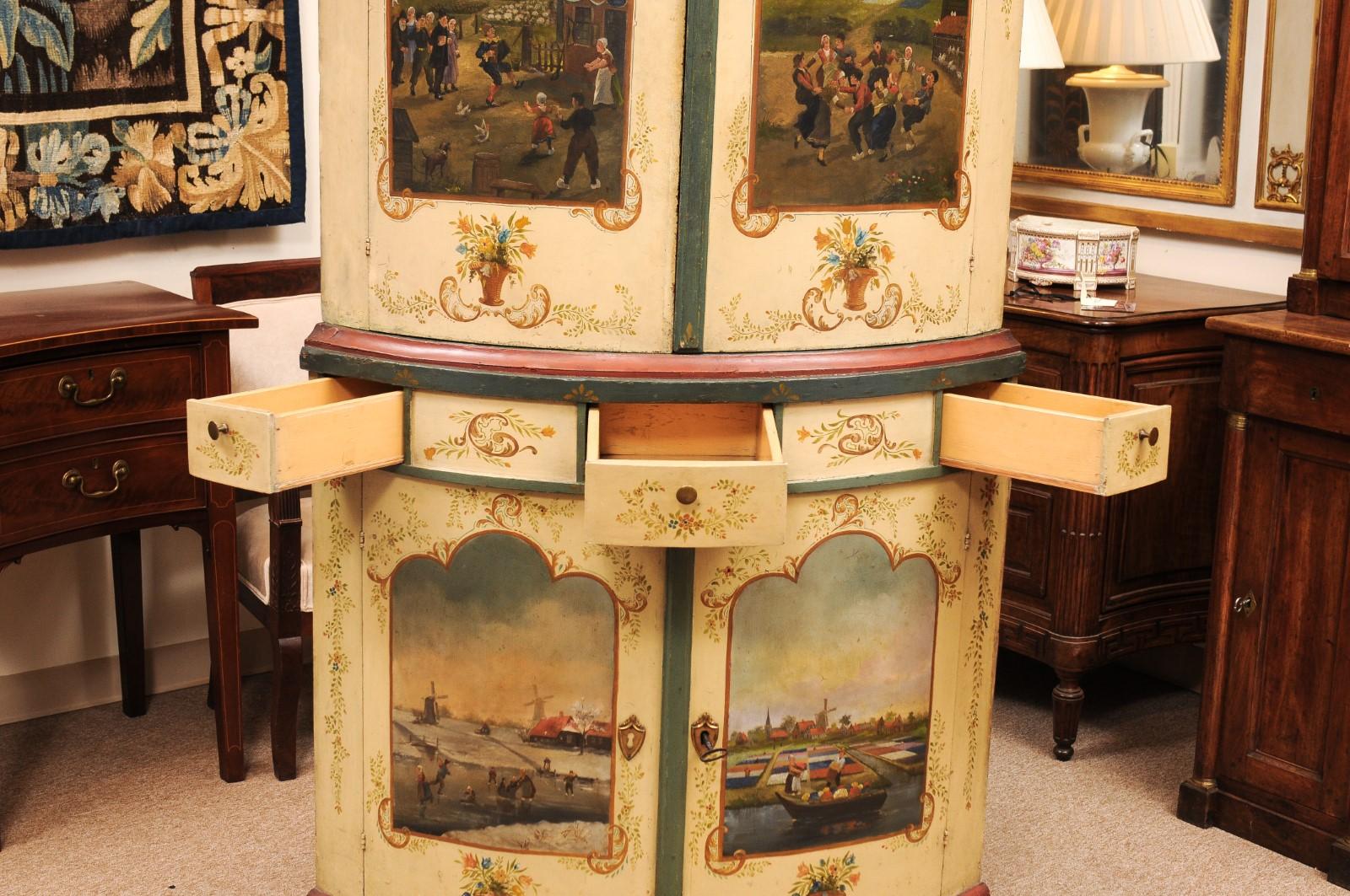 Large 18th Century Continental Painted Corner Cupboard with Bowfront & Painted S For Sale 8