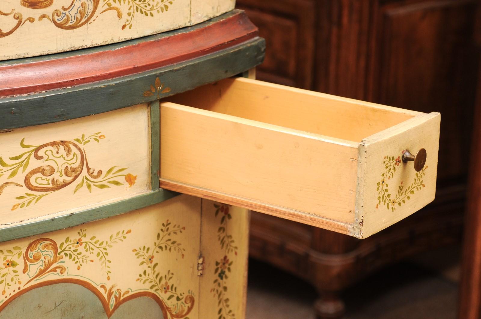 Large 18th Century Continental Painted Corner Cupboard with Bowfront & Painted S For Sale 9