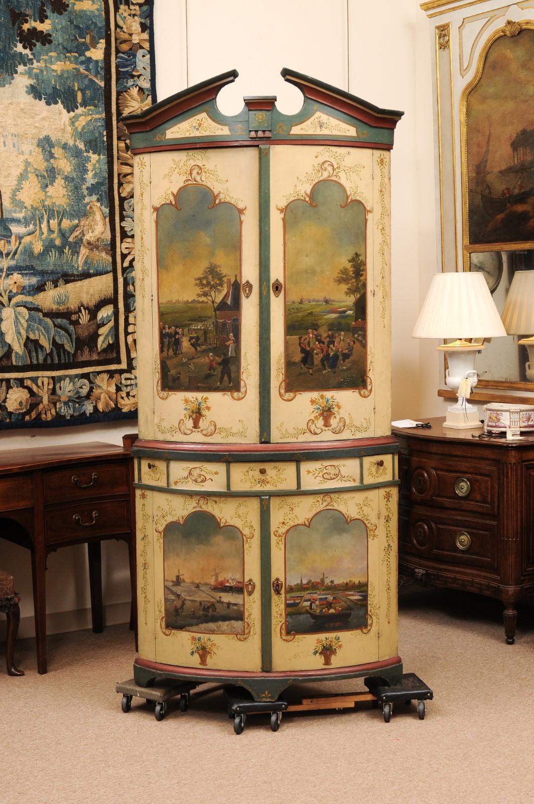 Large 18th Century Continental Painted Corner Cupboard with Bowfront & Painted Scenes
