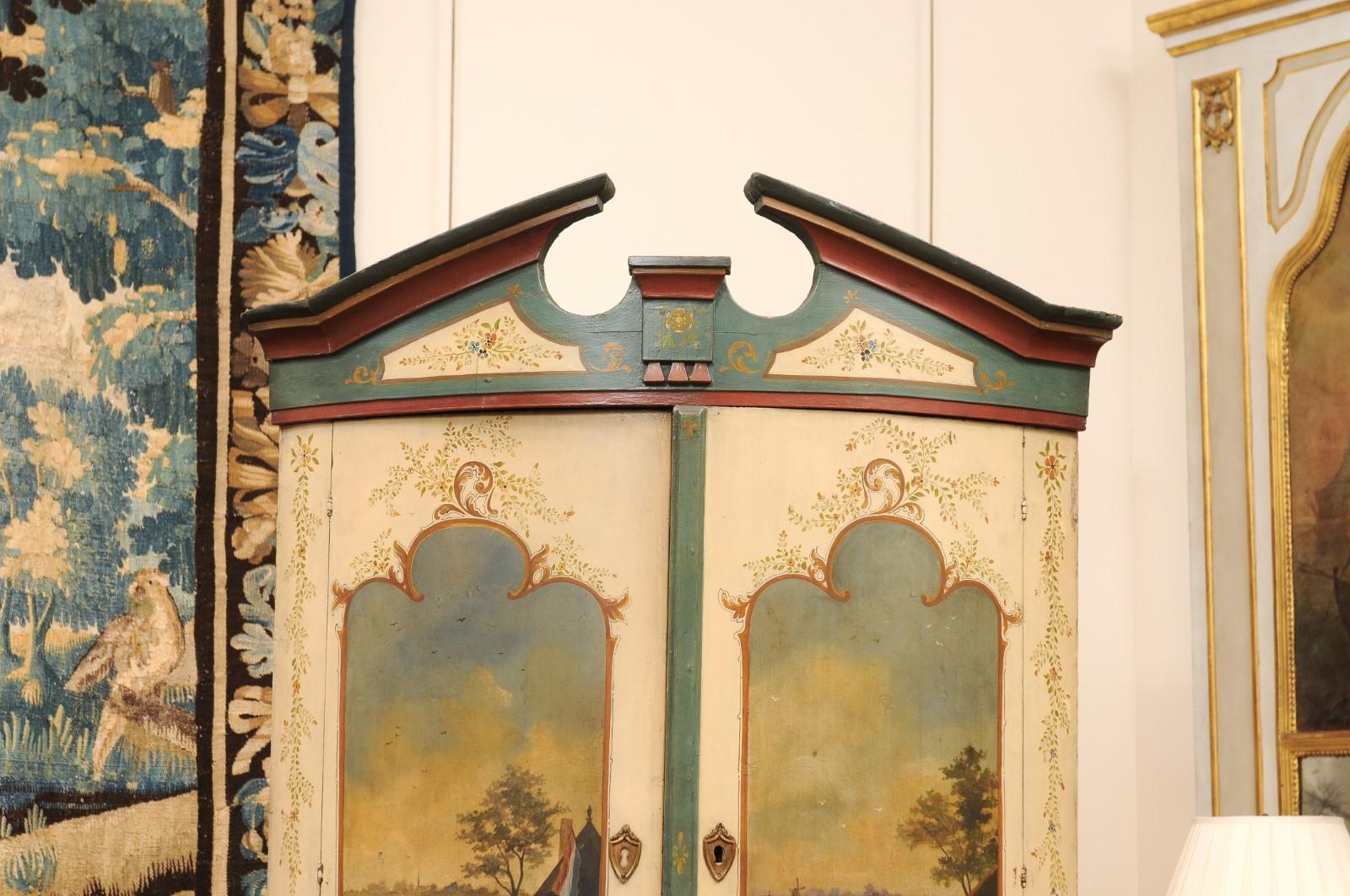 European Large 18th Century Continental Painted Corner Cupboard with Bowfront & Painted S For Sale