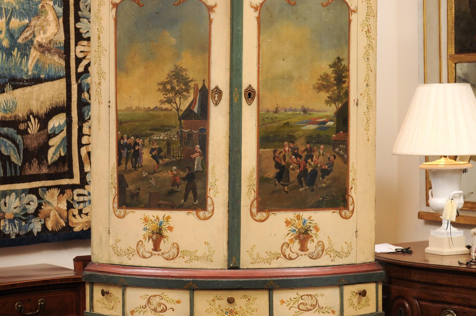 Large 18th Century Continental Painted Corner Cupboard with Bowfront & Painted S In Fair Condition For Sale In Atlanta, GA