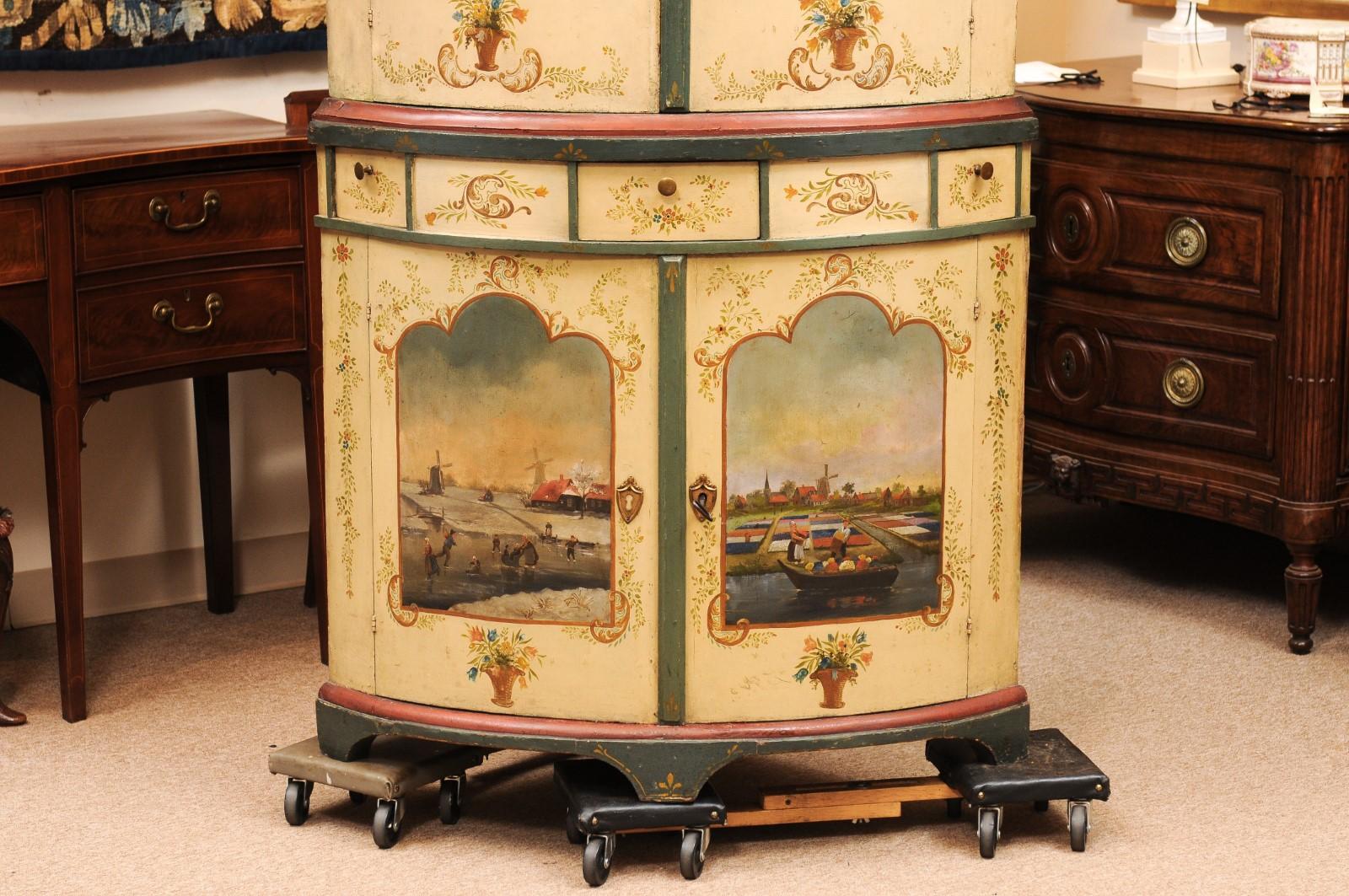 18th Century and Earlier Large 18th Century Continental Painted Corner Cupboard with Bowfront & Painted S For Sale
