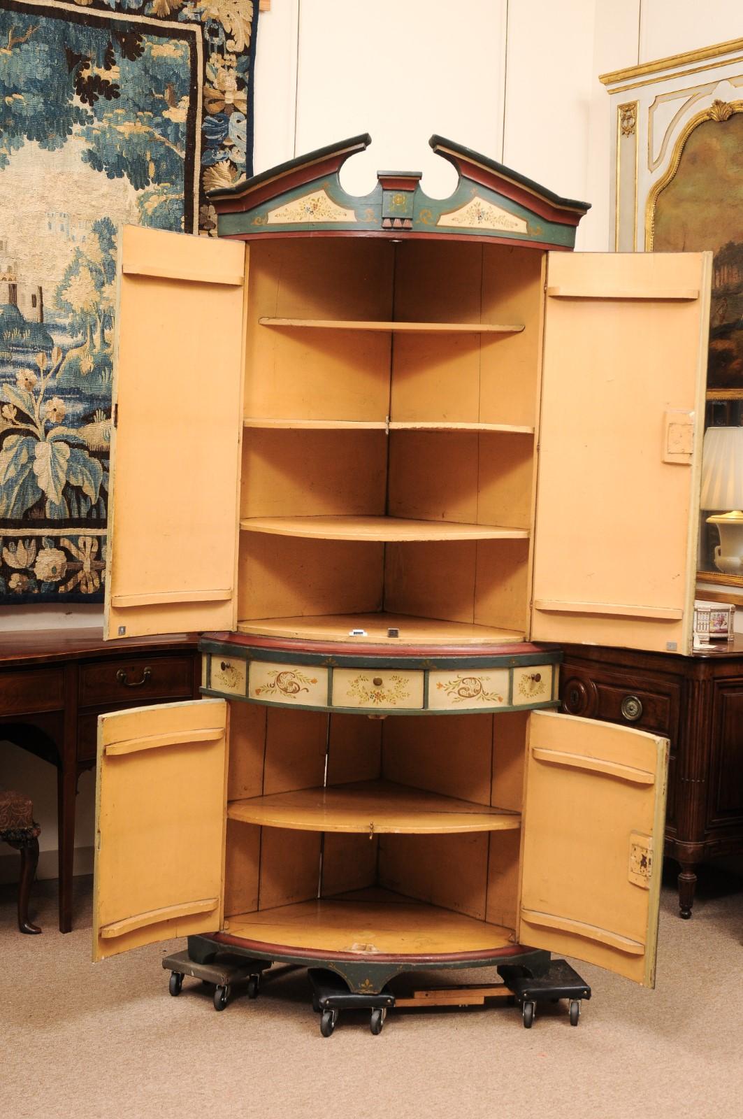 Large 18th Century Continental Painted Corner Cupboard with Bowfront & Painted S For Sale 2