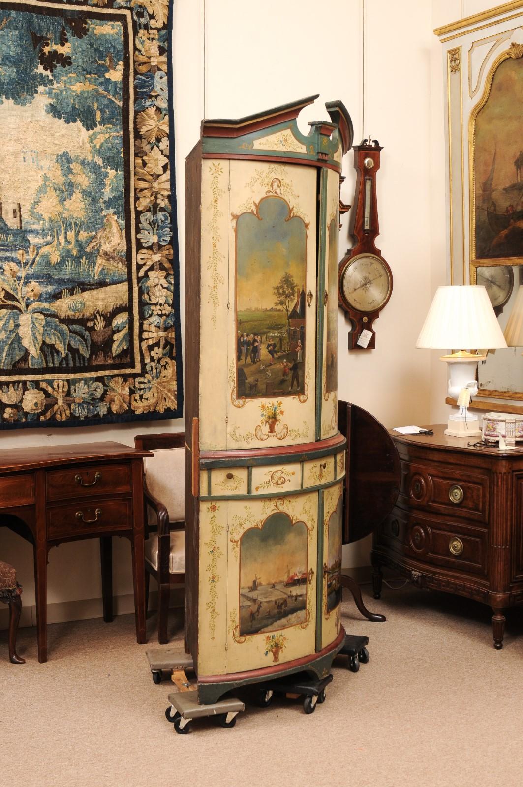Large 18th Century Continental Painted Corner Cupboard with Bowfront & Painted S For Sale 3
