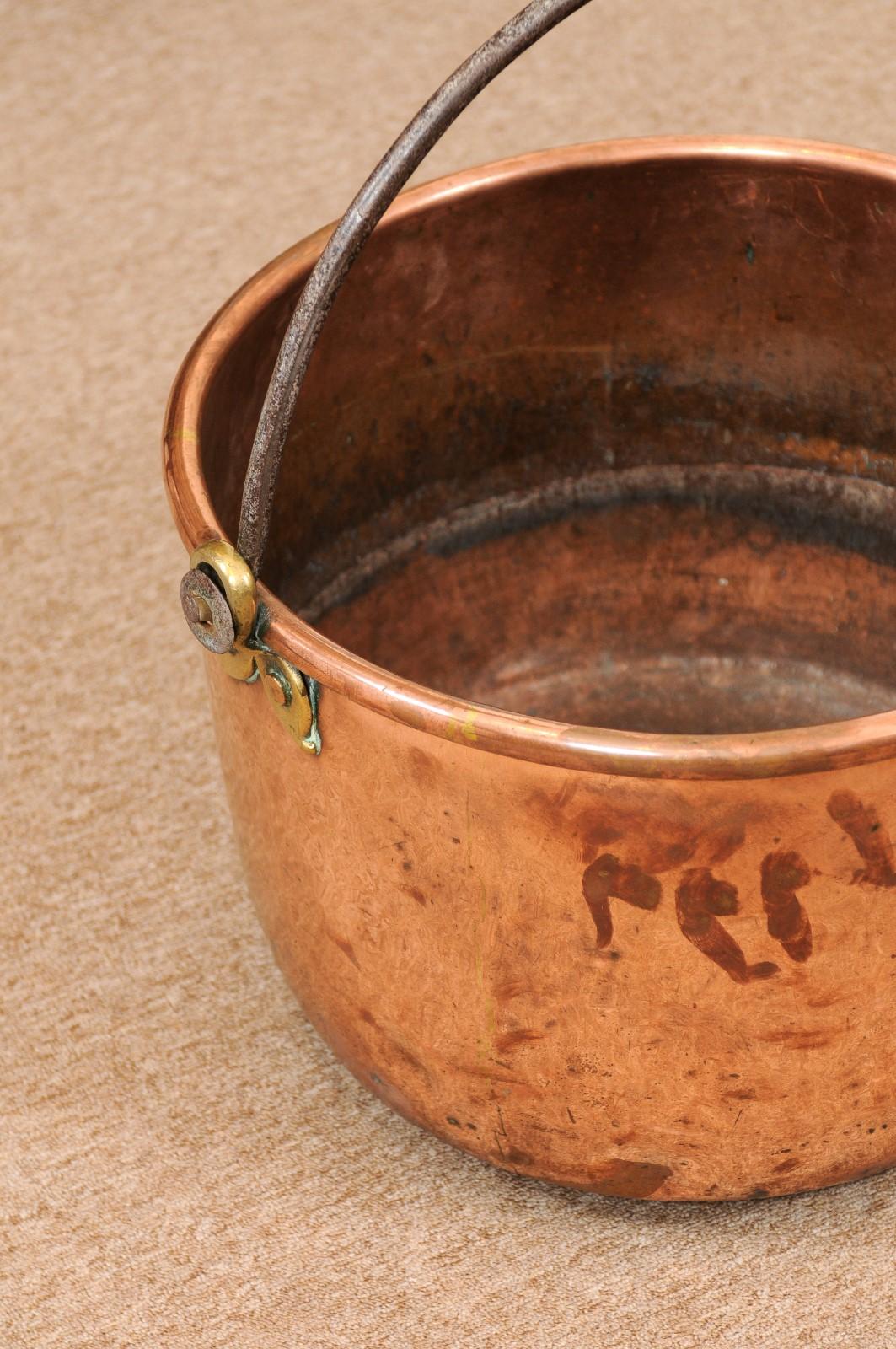 18th Century and Earlier  Large 18th Century Copper Pot with Wrought Iron Handle For Sale