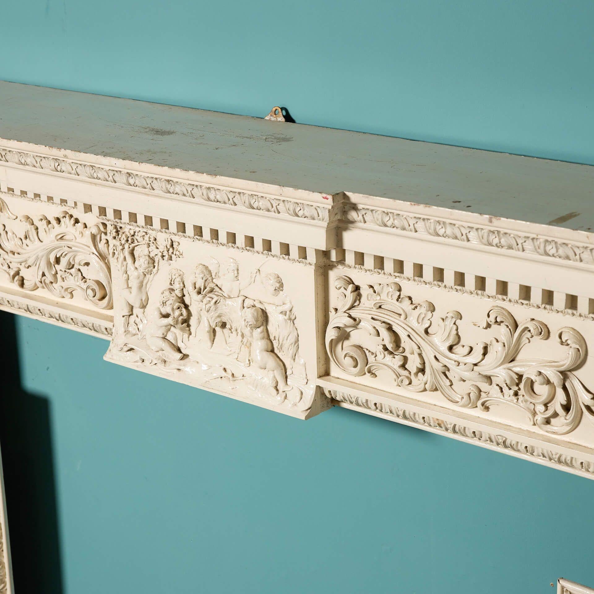 Georgian Large 18th Century English Breakfront Carved Pine Fire Mantel For Sale