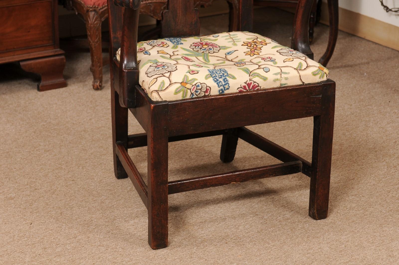 Large 18th Century English George III Armchair in Elm with Crewel Work Slip Seat For Sale 7