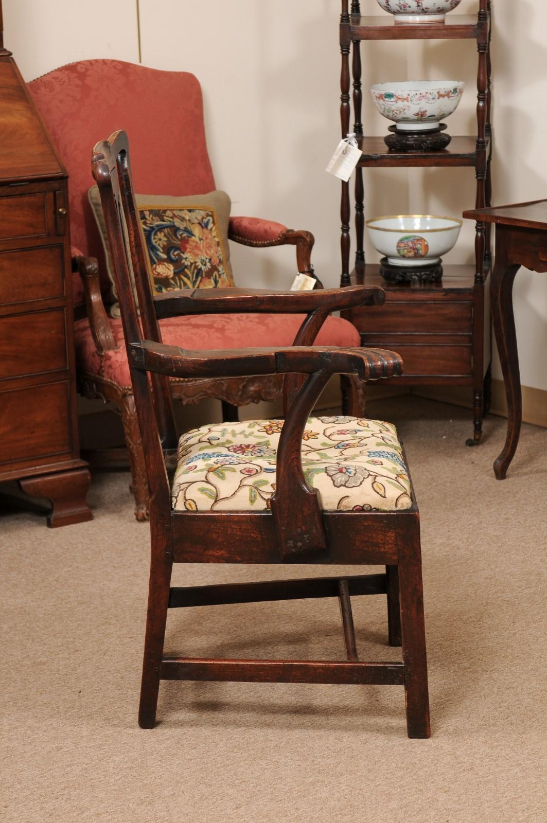 Large 18th Century English George III Armchair in Elm with Crewel Work Slip Seat For Sale 9