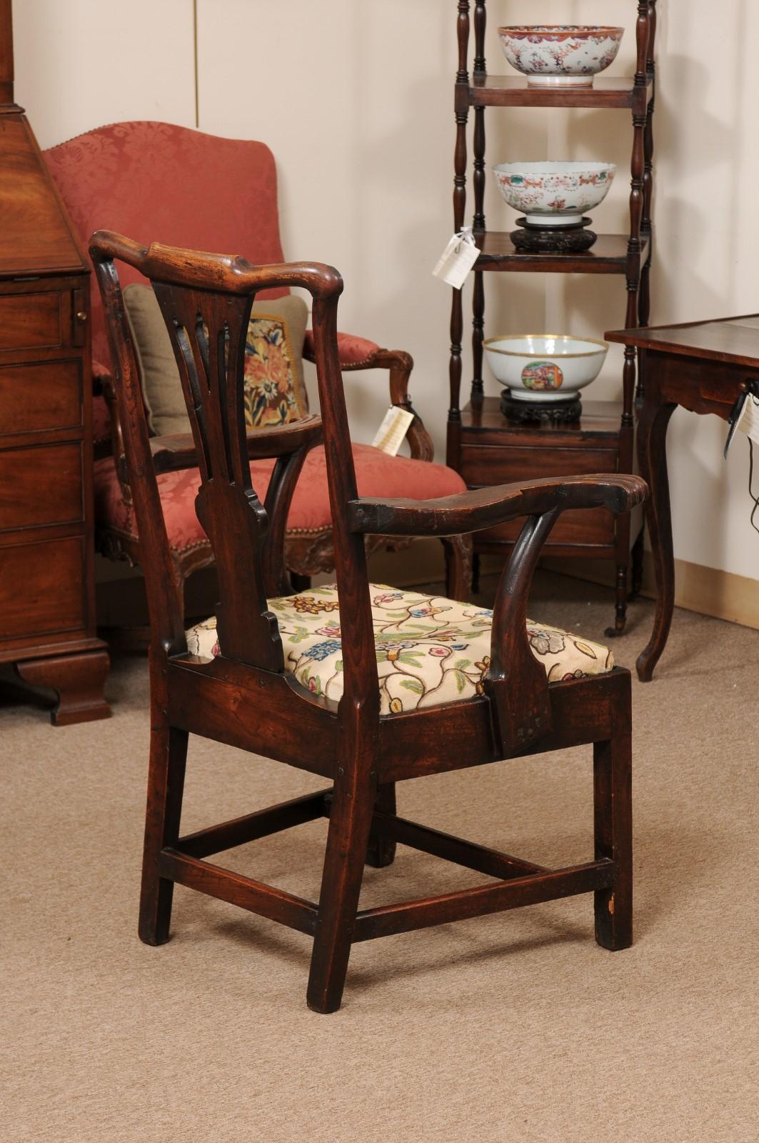Large 18th Century English George III Armchair in Elm with Crewel Work Slip Seat For Sale 10