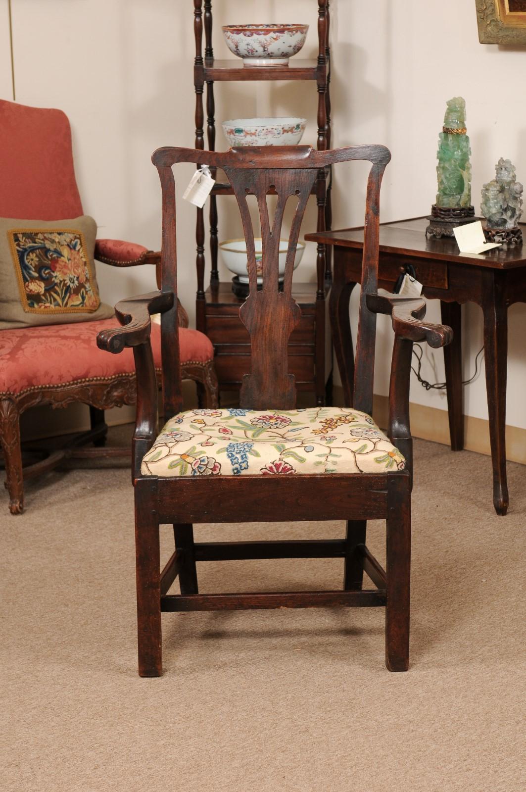 Large 18th Century English George III Armchair in Elm with Crewel Work Slip Seat For Sale 2
