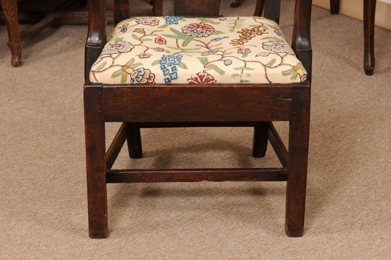 Large 18th Century English George III Armchair in Elm with Crewel Work Slip Seat For Sale 3