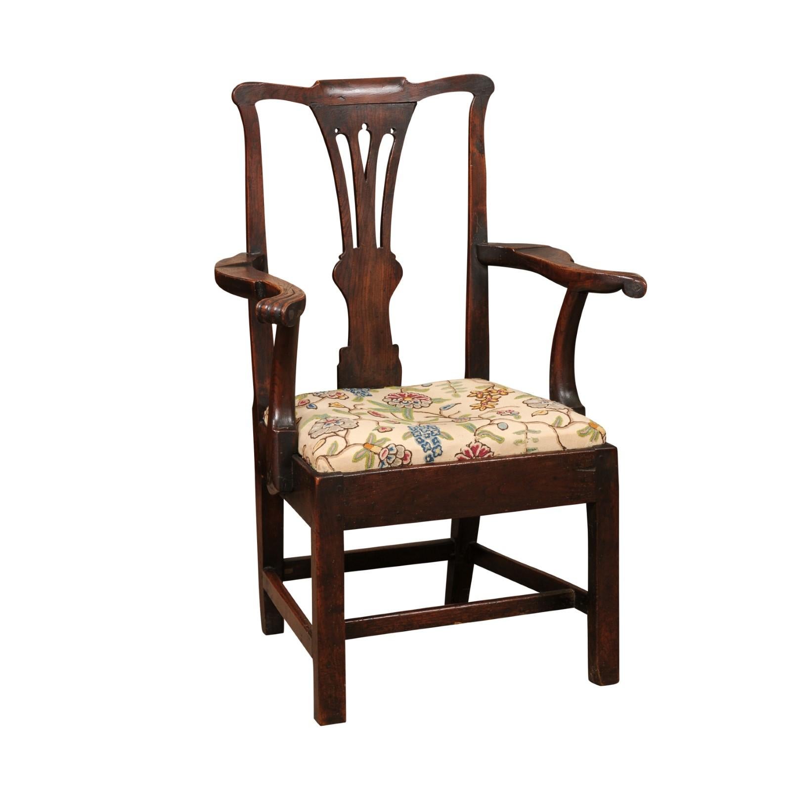 Large 18th Century English George III Armchair in Elm with Crewel Work Slip Seat For Sale 5