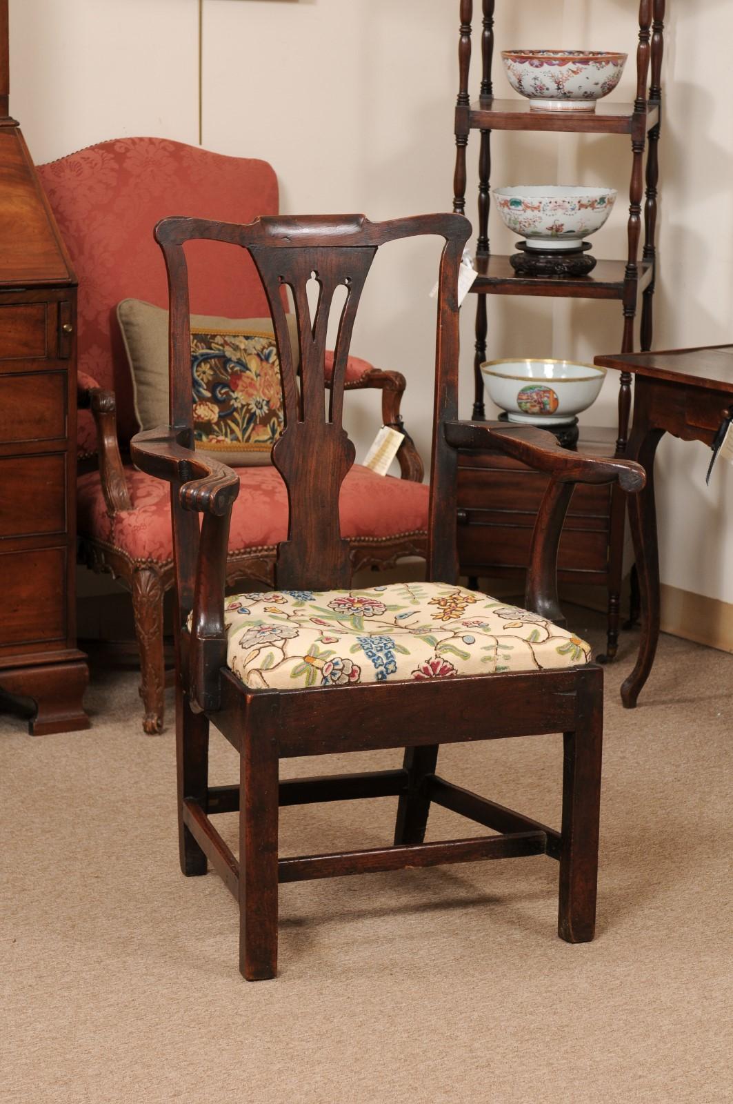 Large 18th Century English George III Armchair in Elm with Crewel Work Slip Seat For Sale 6