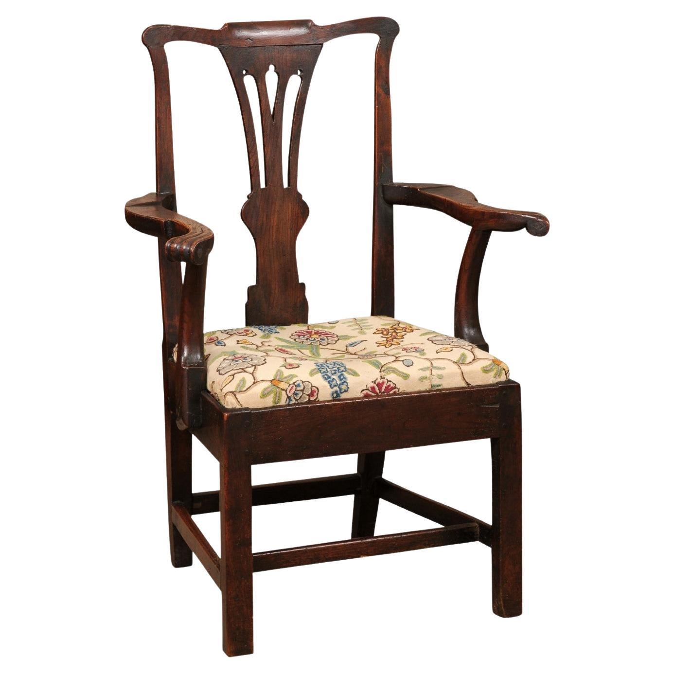 Large 18th Century English George III Armchair in Elm with Crewel Work Slip Seat For Sale