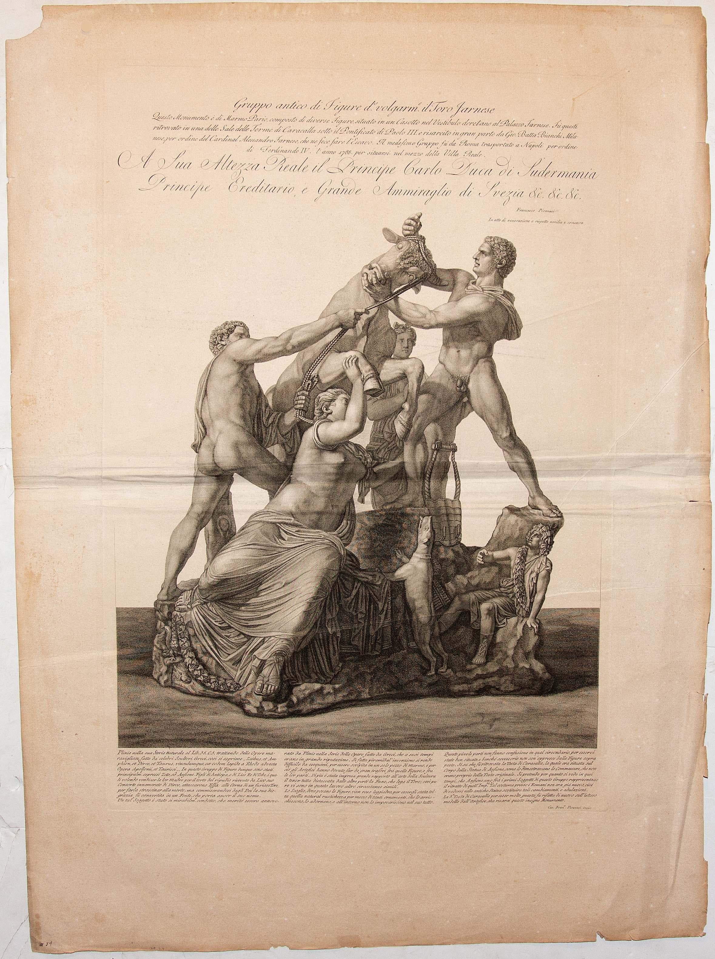 Neoclassical Large 18th Century Engraving by Francesco Piranesi The Farnese Bull Grand Tour