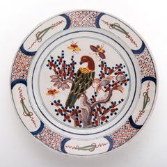Large 18th Century Faience Delft Charger of a Parrot