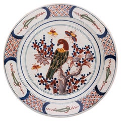 Large 18th Century Faience Delft Charger of a Parrot