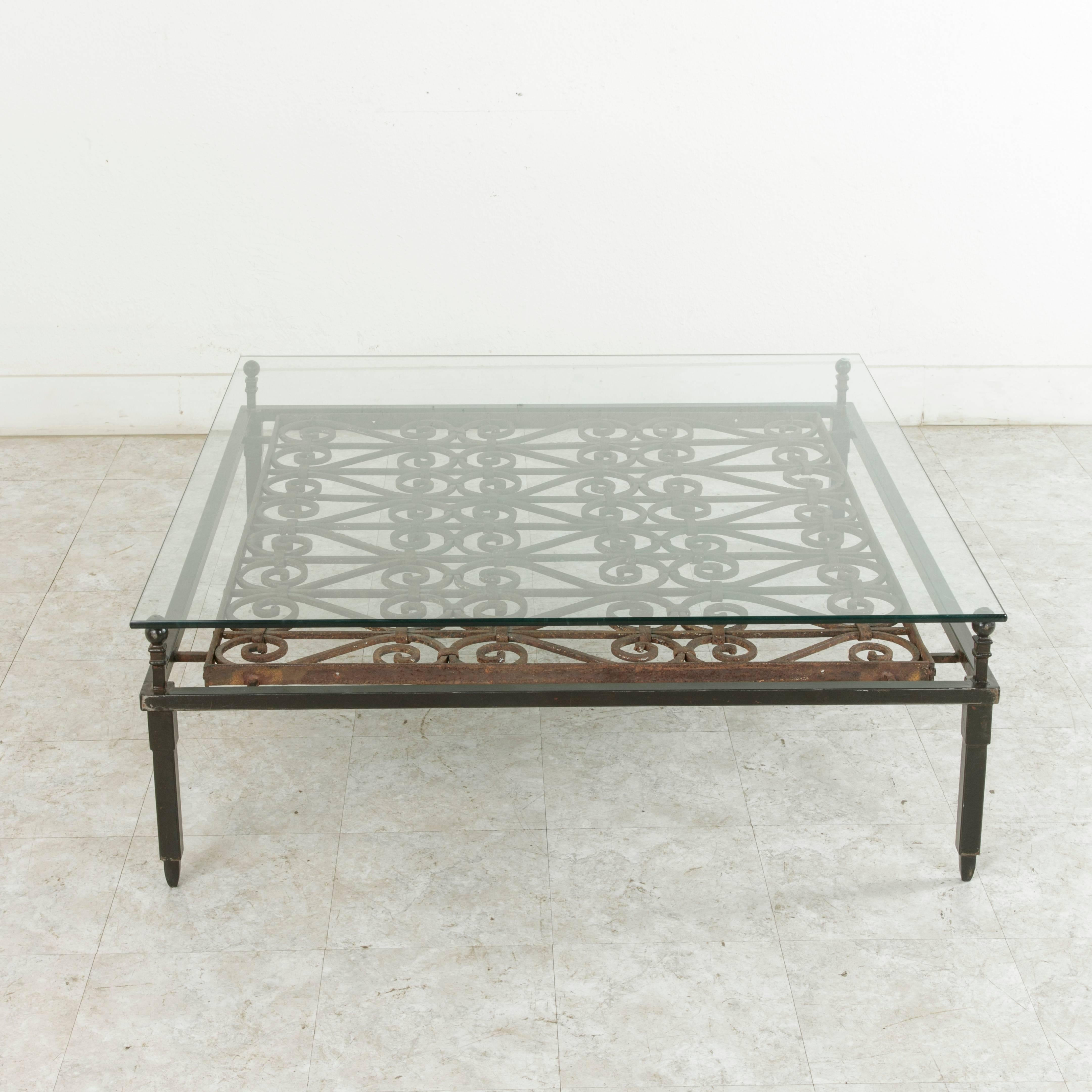 French Large 18th Century Forged Iron Grill Converted into Coffee Table with Glass Top