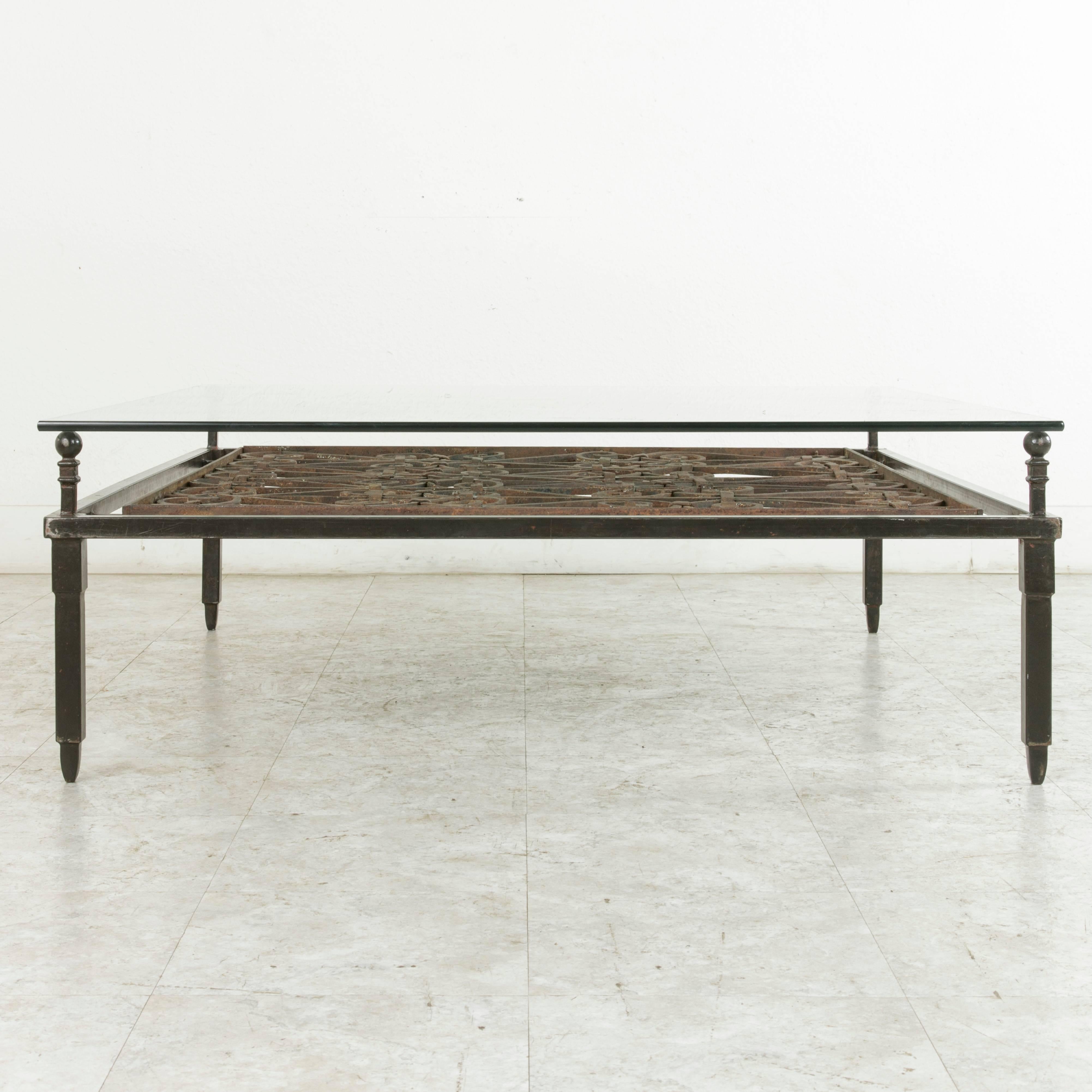 Large 18th Century Forged Iron Grill Converted into Coffee Table with Glass Top In Good Condition In Fayetteville, AR