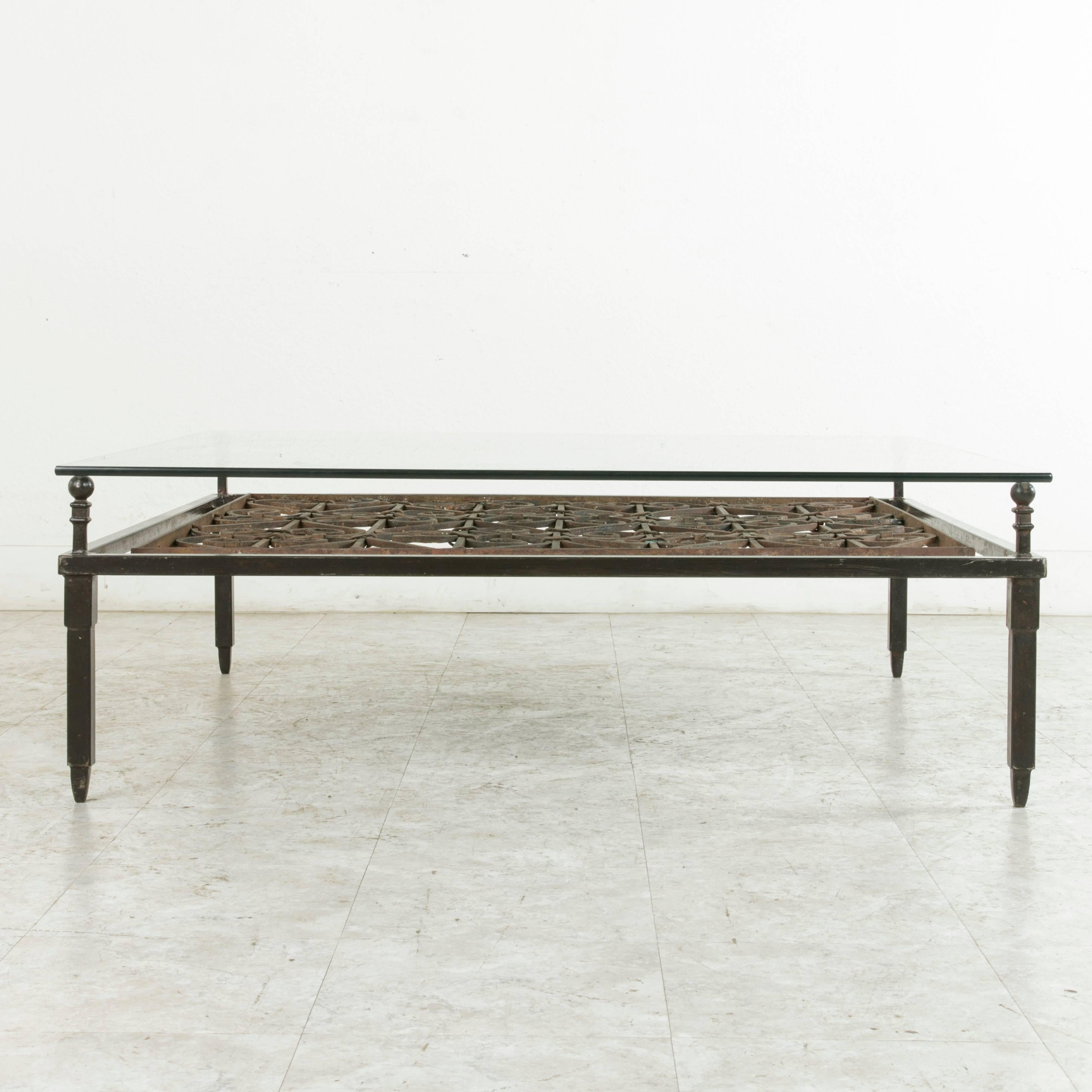 18th Century and Earlier Large 18th Century Forged Iron Grill Converted into Coffee Table with Glass Top