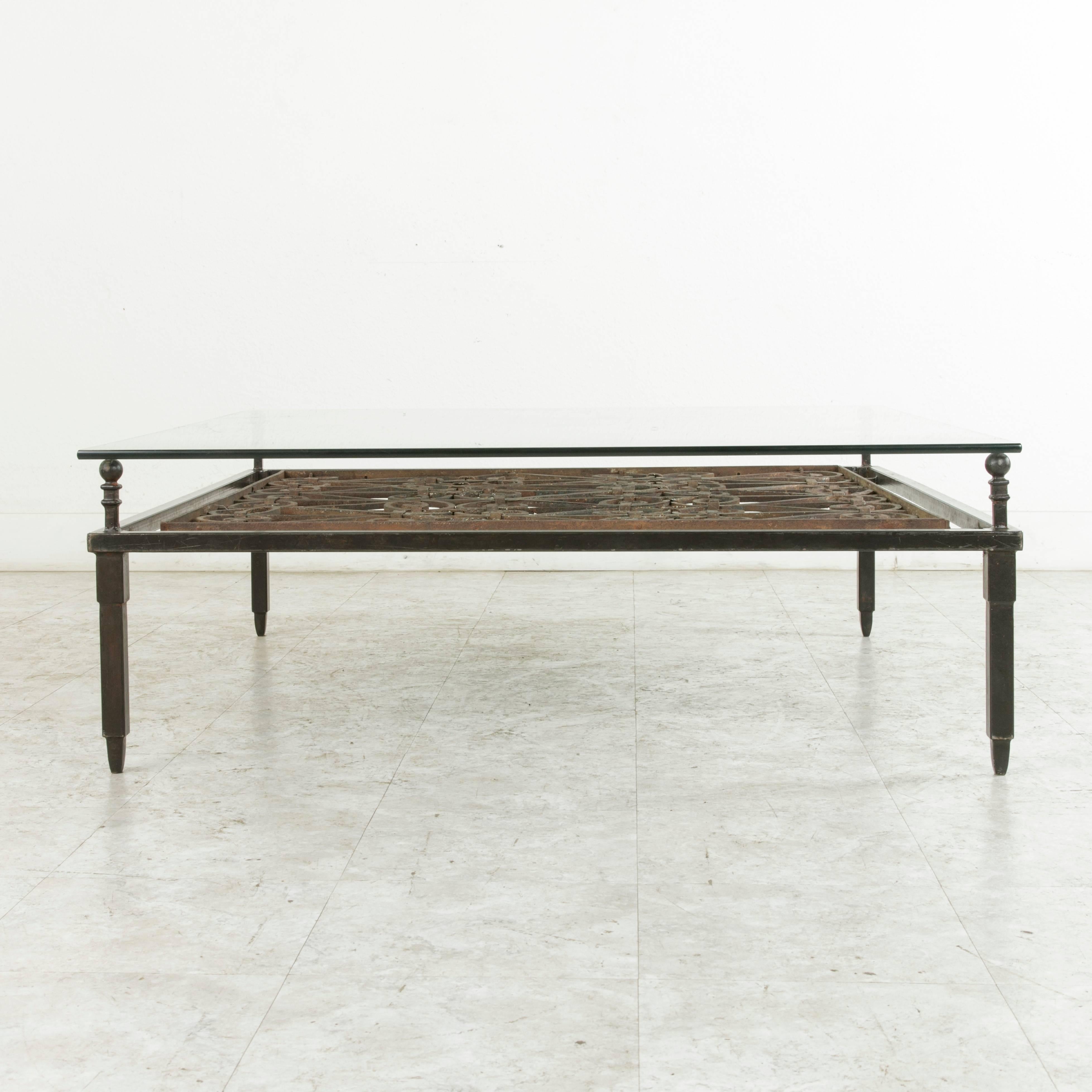 Large 18th Century Forged Iron Grill Converted into Coffee Table with Glass Top 1
