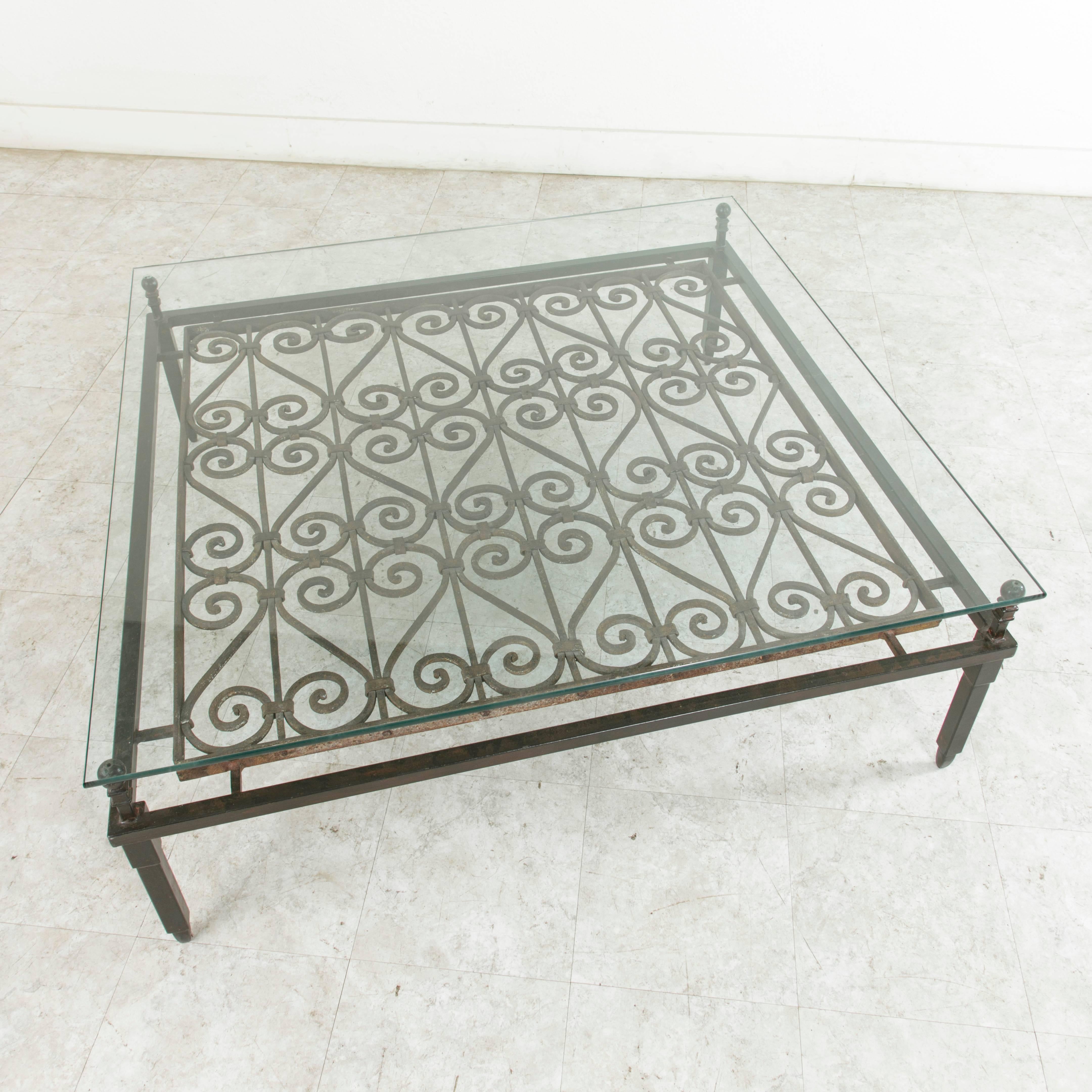 Large 18th Century Forged Iron Grill Converted into Coffee Table with Glass Top 2