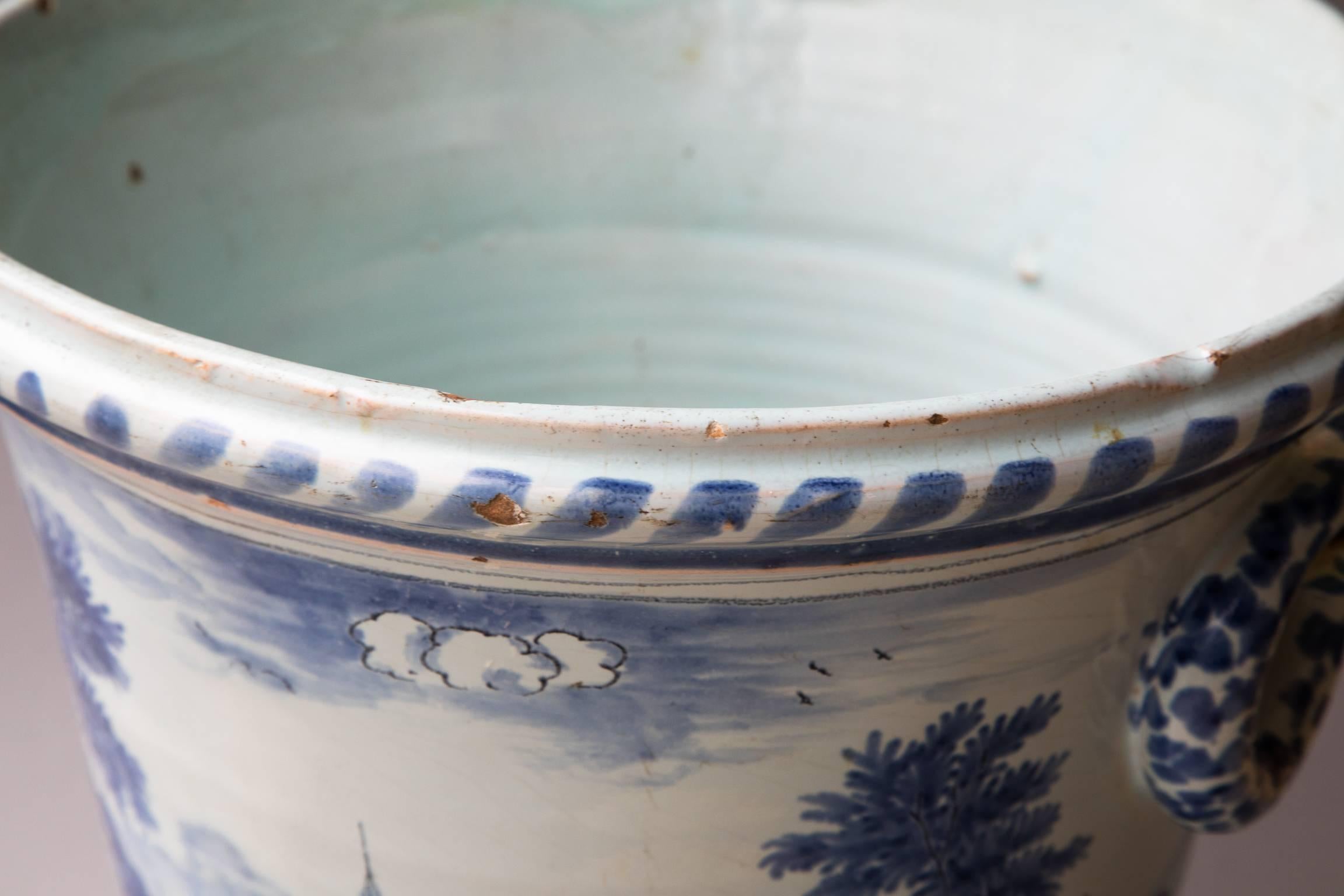 Large 18th Century French Blue and White Faience Cache Pot or Jardinière For Sale 5