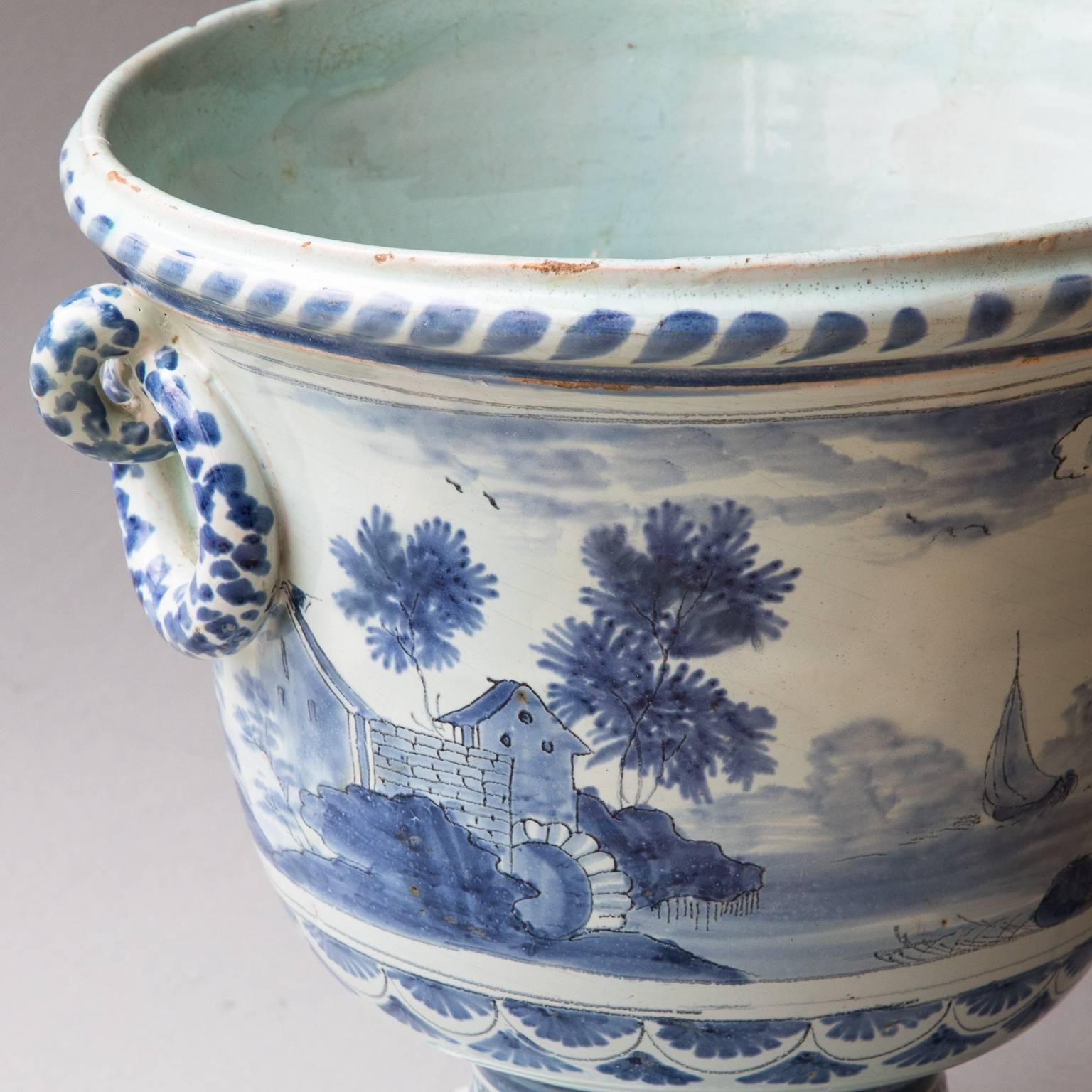 Large 18th Century French Blue and White Faience Cache Pot or Jardinière For Sale 8