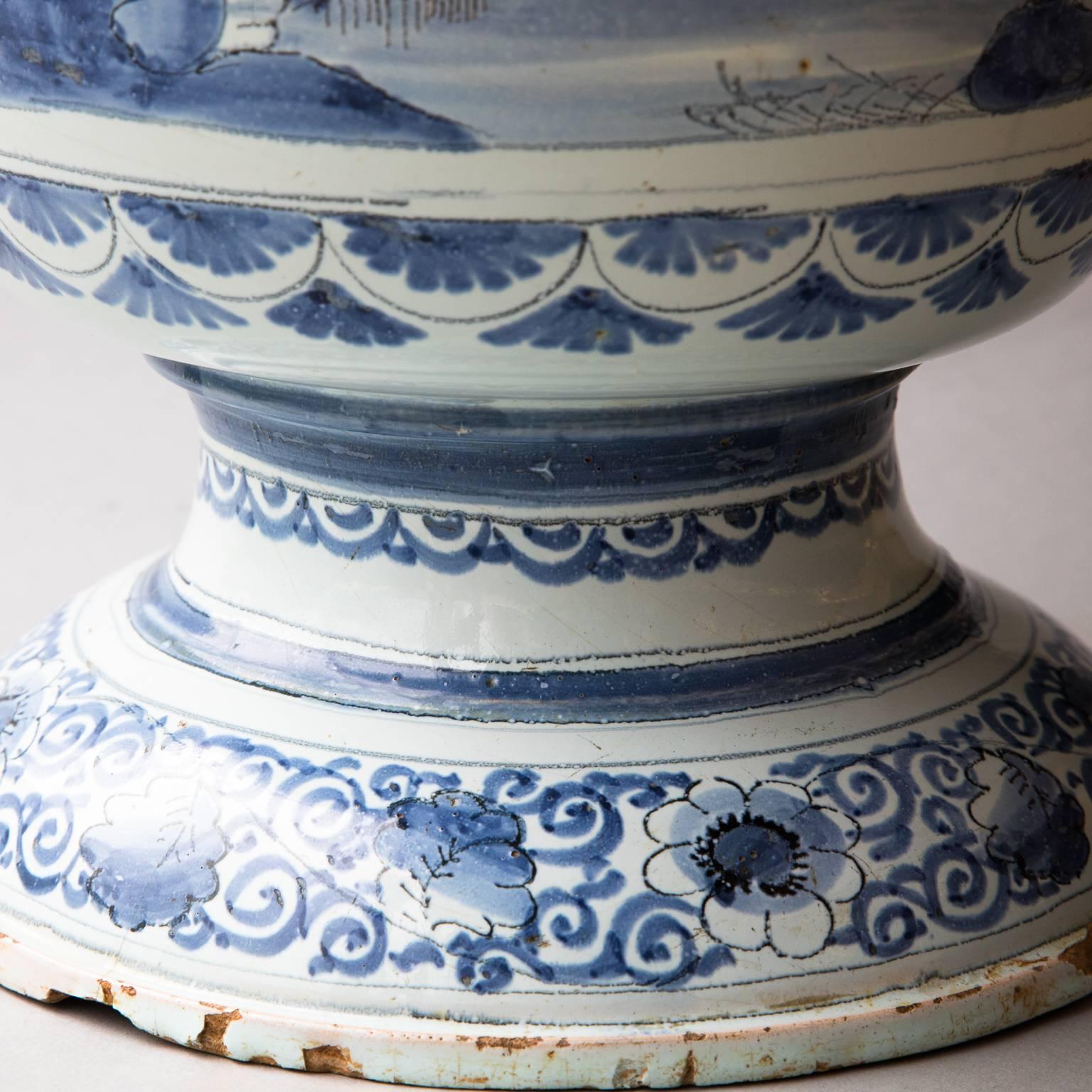 Large 18th Century French Blue and White Faience Cache Pot or Jardinière For Sale 9