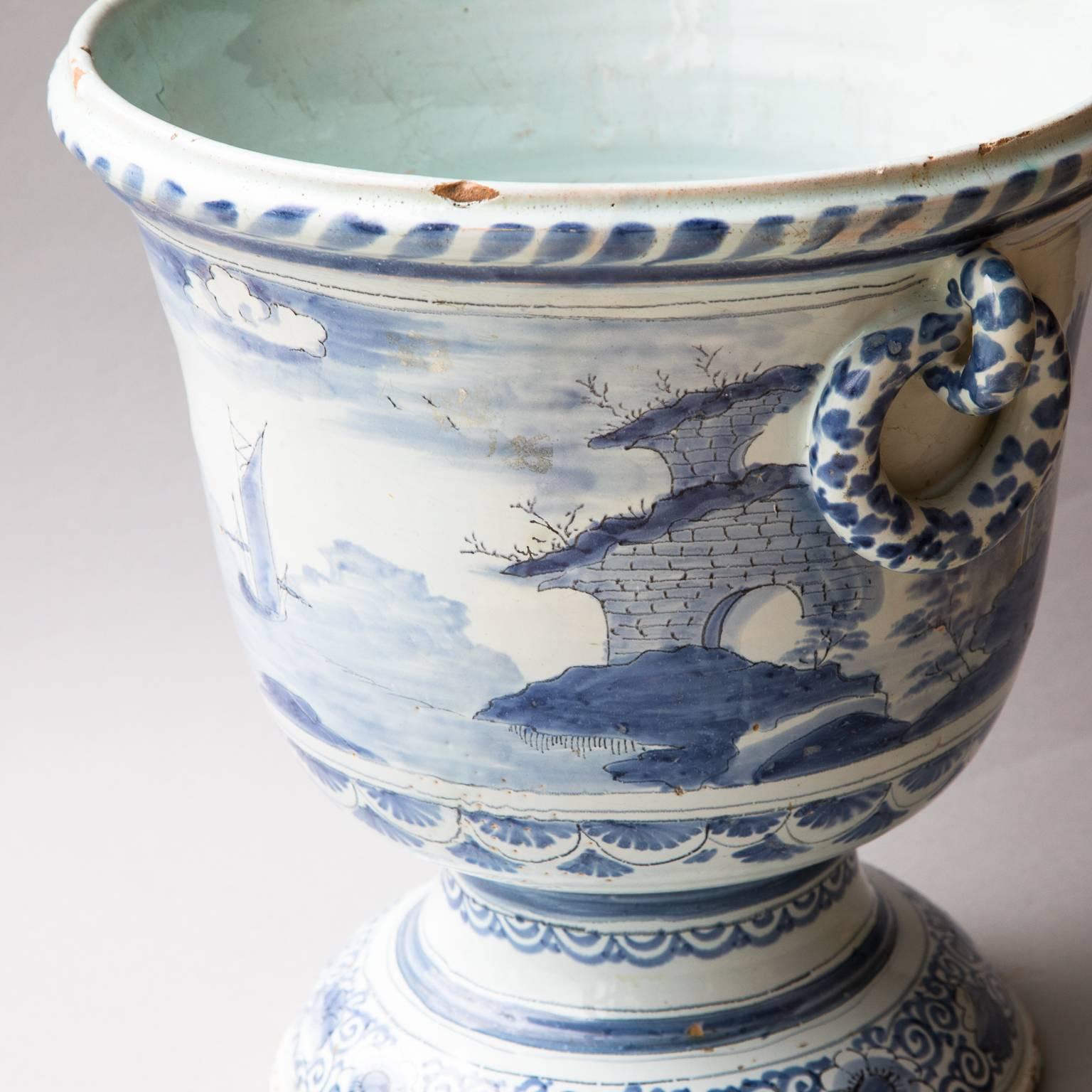 Large 18th Century French Blue and White Faience Cache Pot or Jardinière For Sale 10