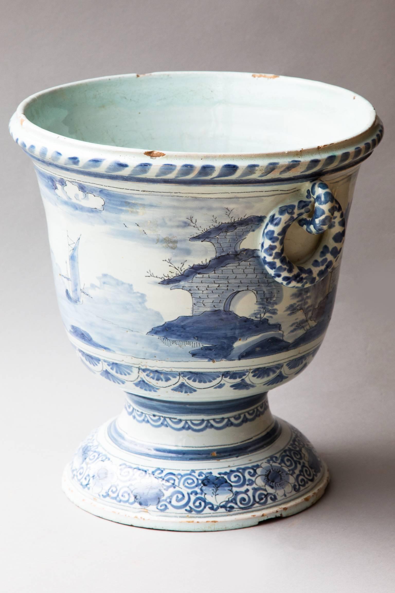 Large 18th Century French Blue and White Faience Cache Pot or Jardinière For Sale 11